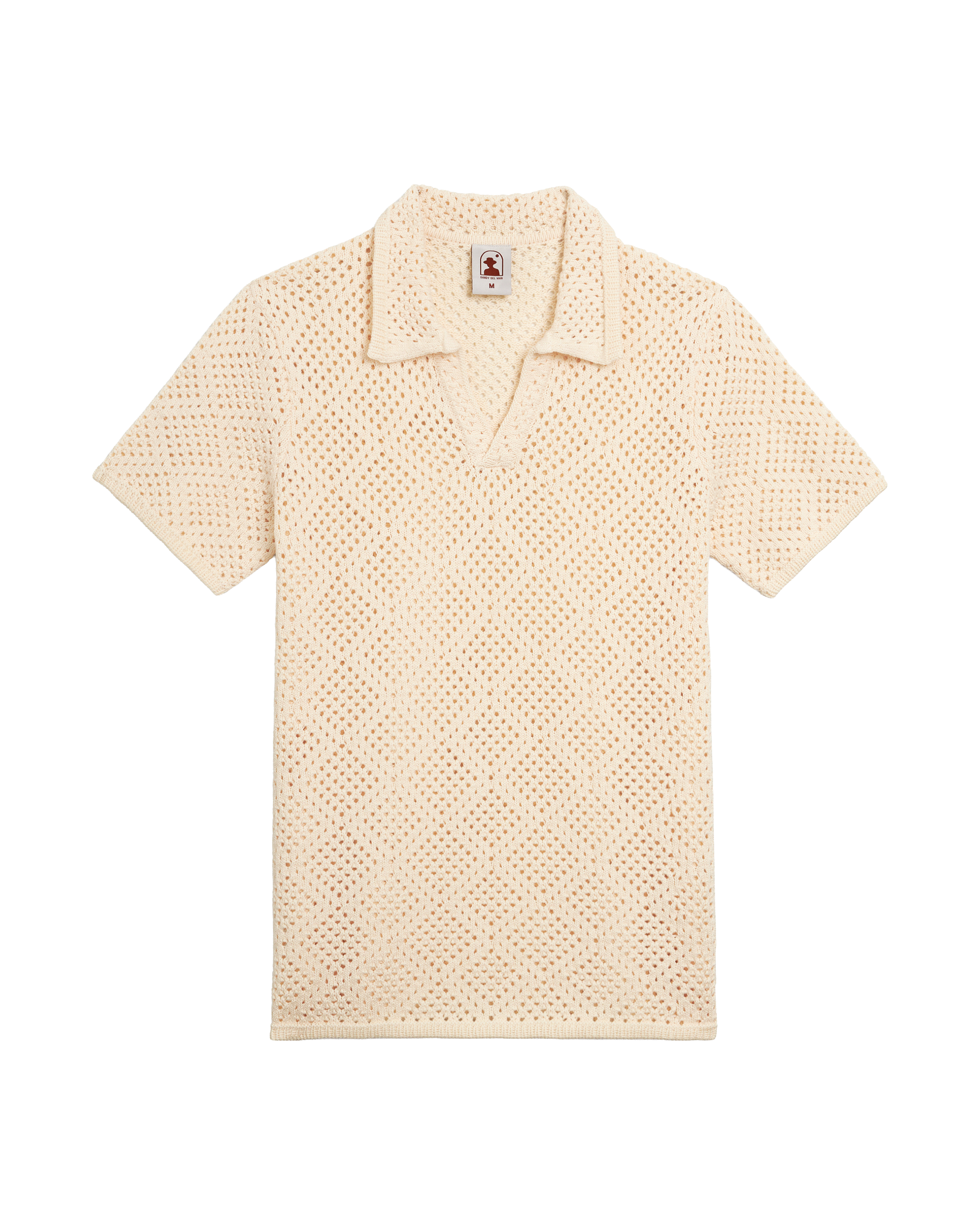 The Antibes Crochet Shirt by Dandy Del Mar in Vintage Ivory, a short-sleeve pullover polo with collar, V-neck, and diamond pattern, is displayed laid flat on a black background.