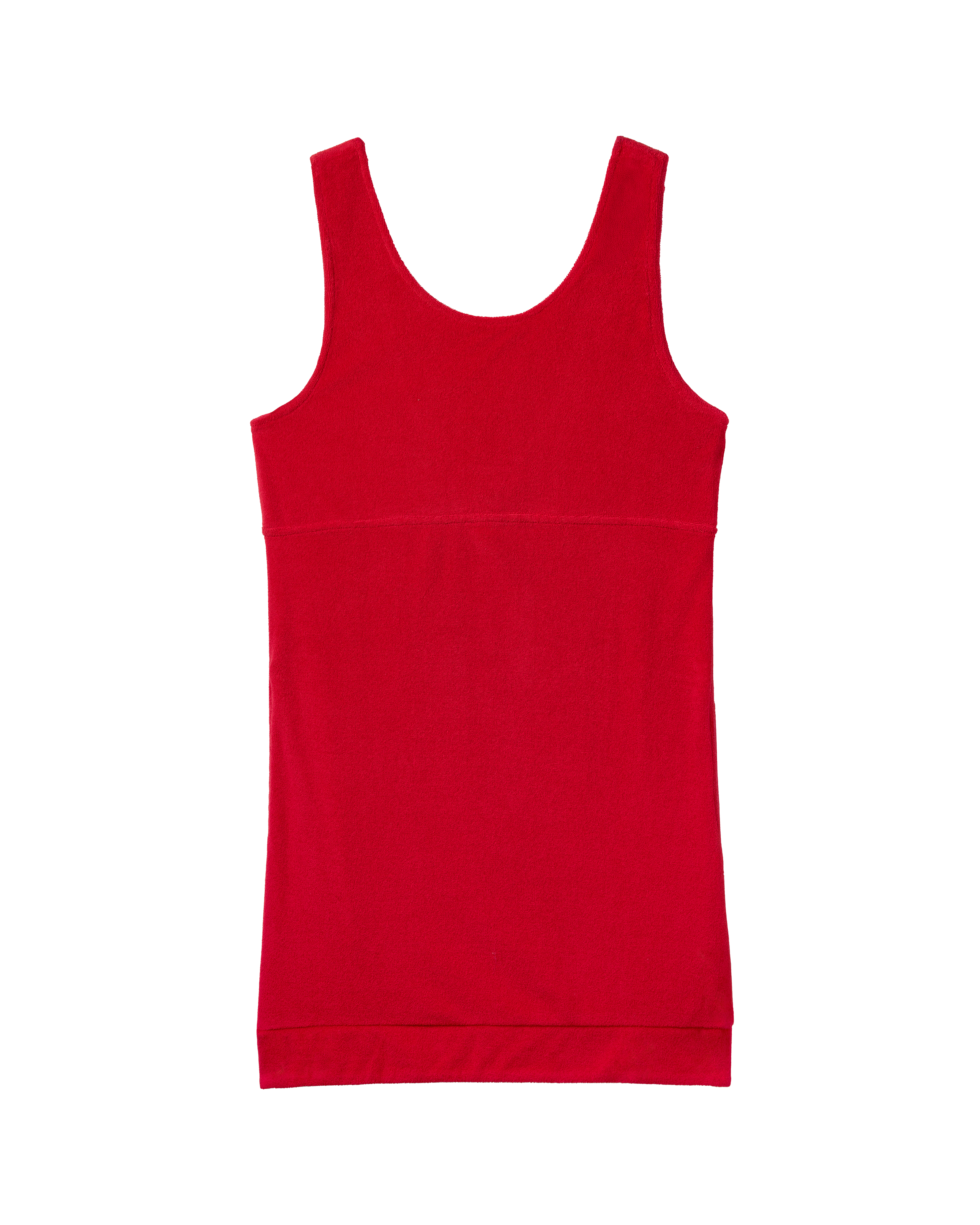 The Cyprus Dress - Pico by Dandy Del Mar, a vibrant red sleeveless mini dress with a scoop neck, is shown laid flat on a white background, highlighting its casual and stylish appeal.