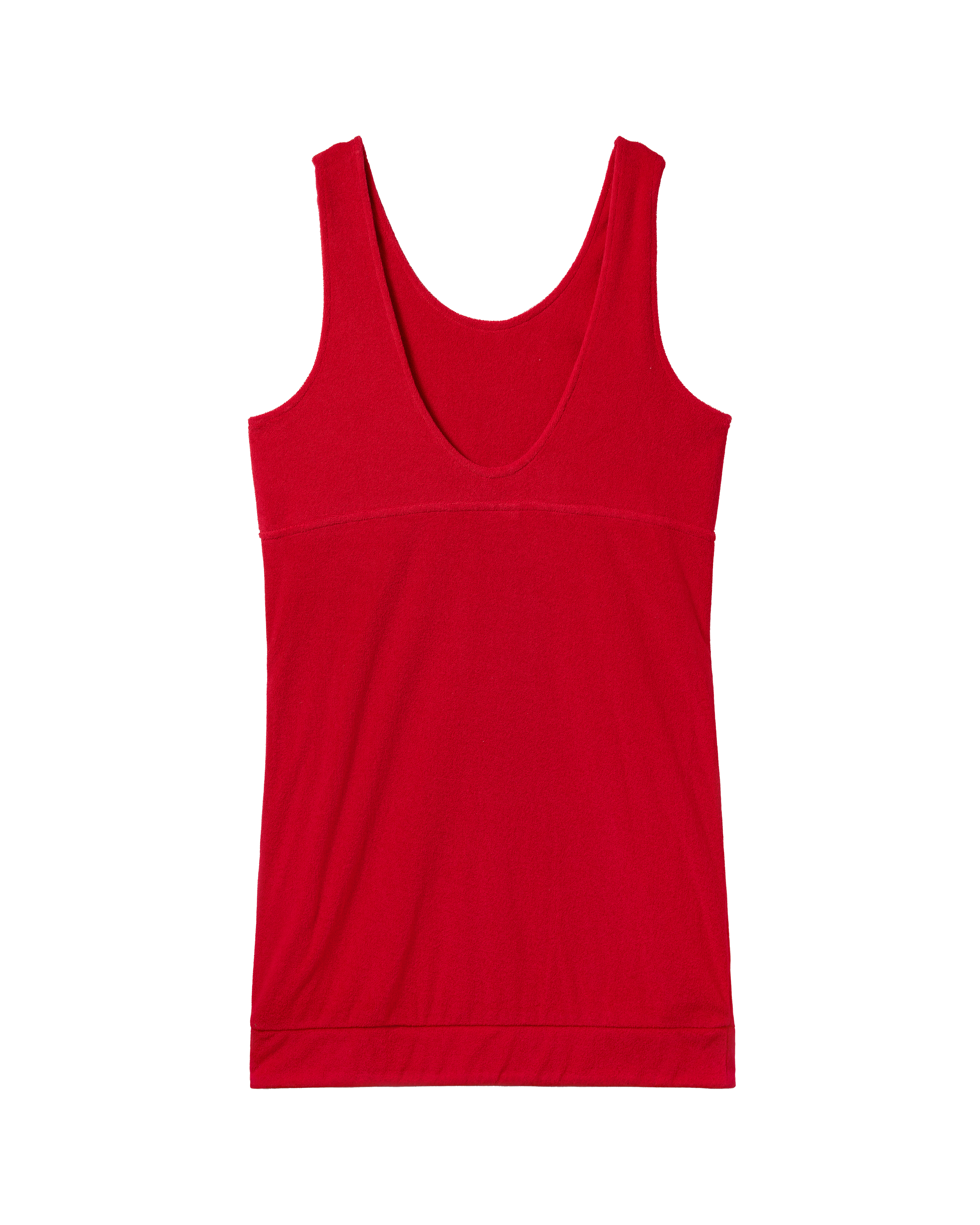 The Cyprus Dress - Pico by Dandy Del Mar, a vibrant red sleeveless dress with a scoop neckline, is laid flat on a white background.