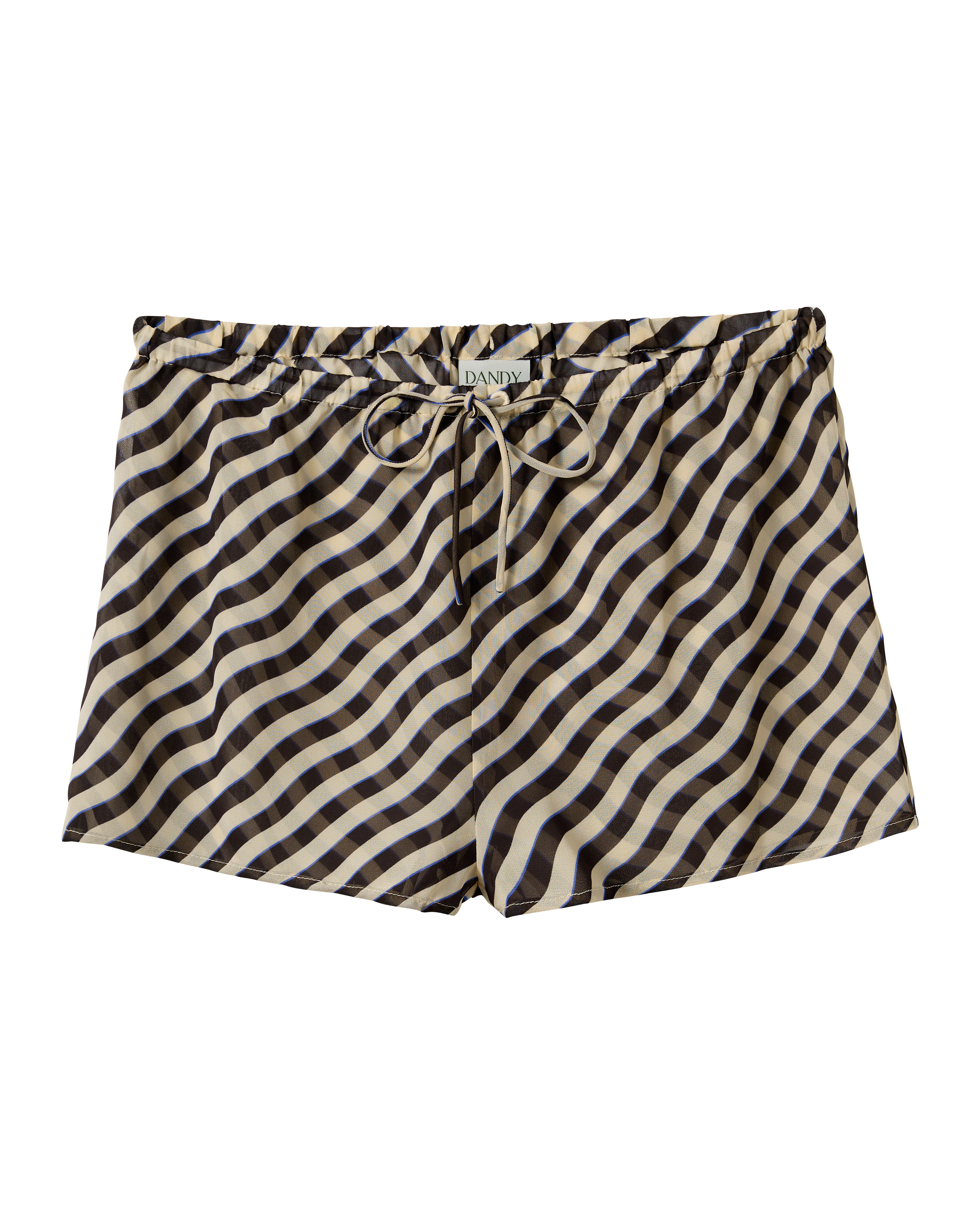 The Curacao Short - Tierra by Dandy Del Mar features a black, beige, and cream wavy stripe pattern, an elastic waistband, and a "Dandy" label on the waist.