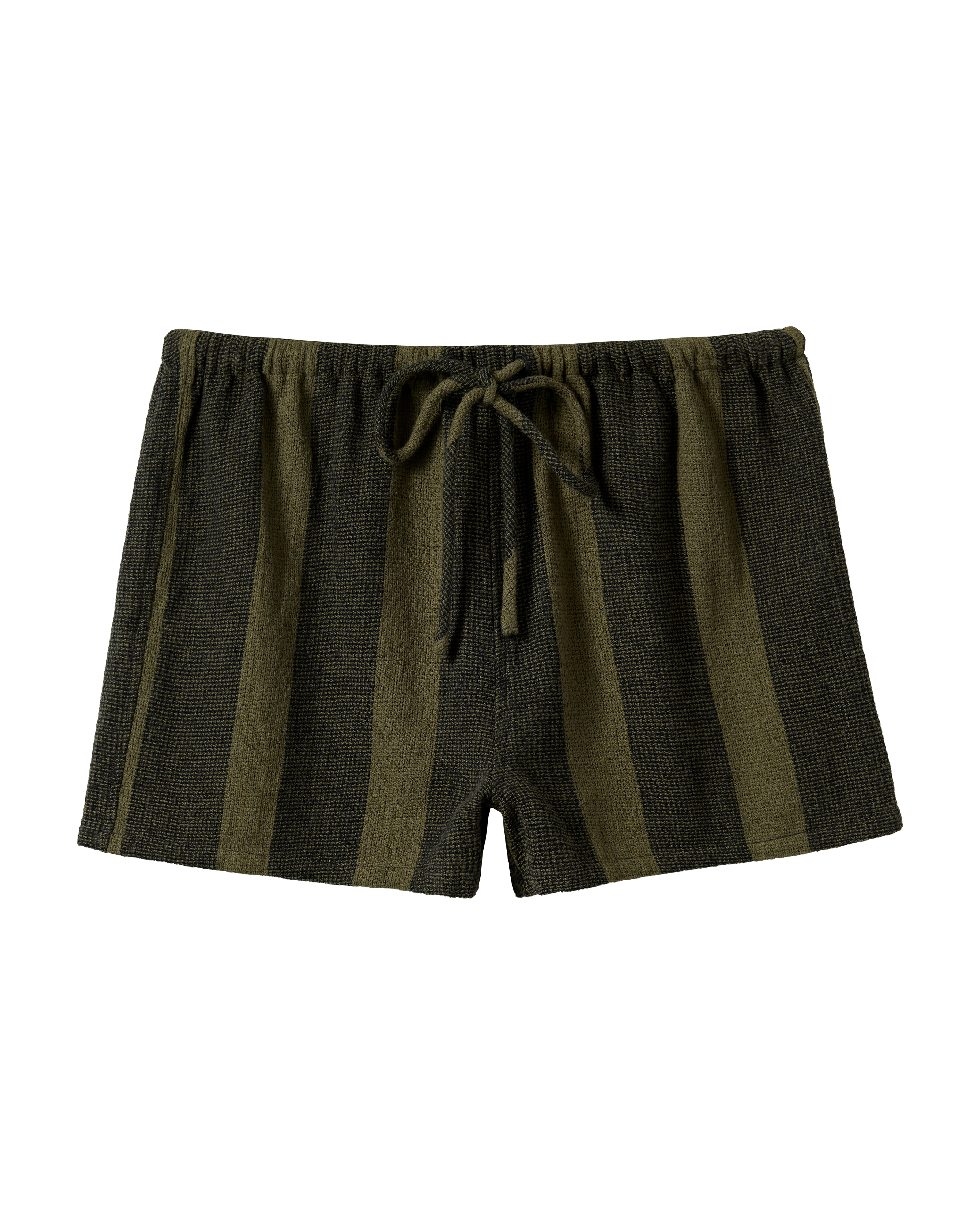 The Sevilla Short - Onyx by Dandy Del Mar features dark green and black stripes, an elastic waistband, and a drawstring tie, shown on a plain background.