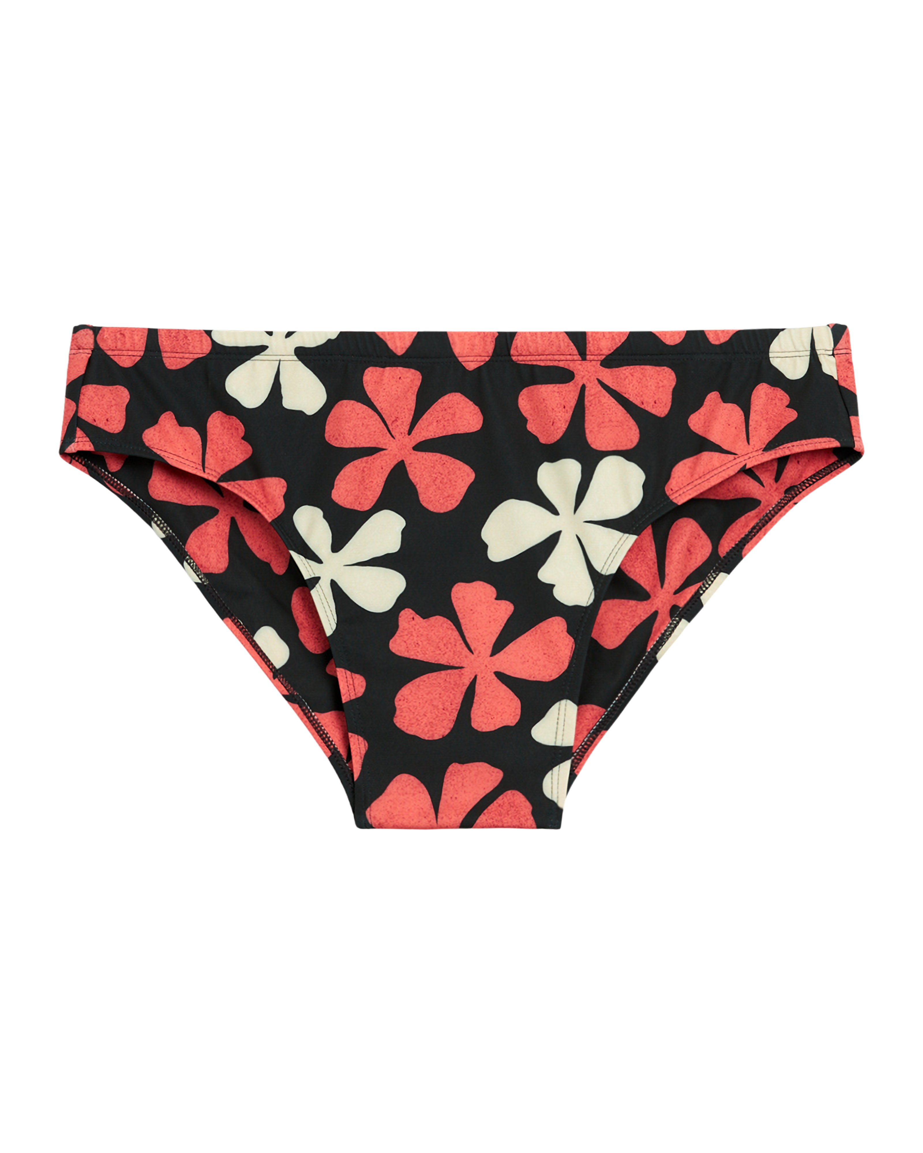 The Belize Swim Briefs - Currant by Dandy Del Mar: Black recycled polyester bikini bottoms with a red and white floral pattern, wide sides, and a low-rise fit—perfect for waterfront leisure. Shown on a white background.