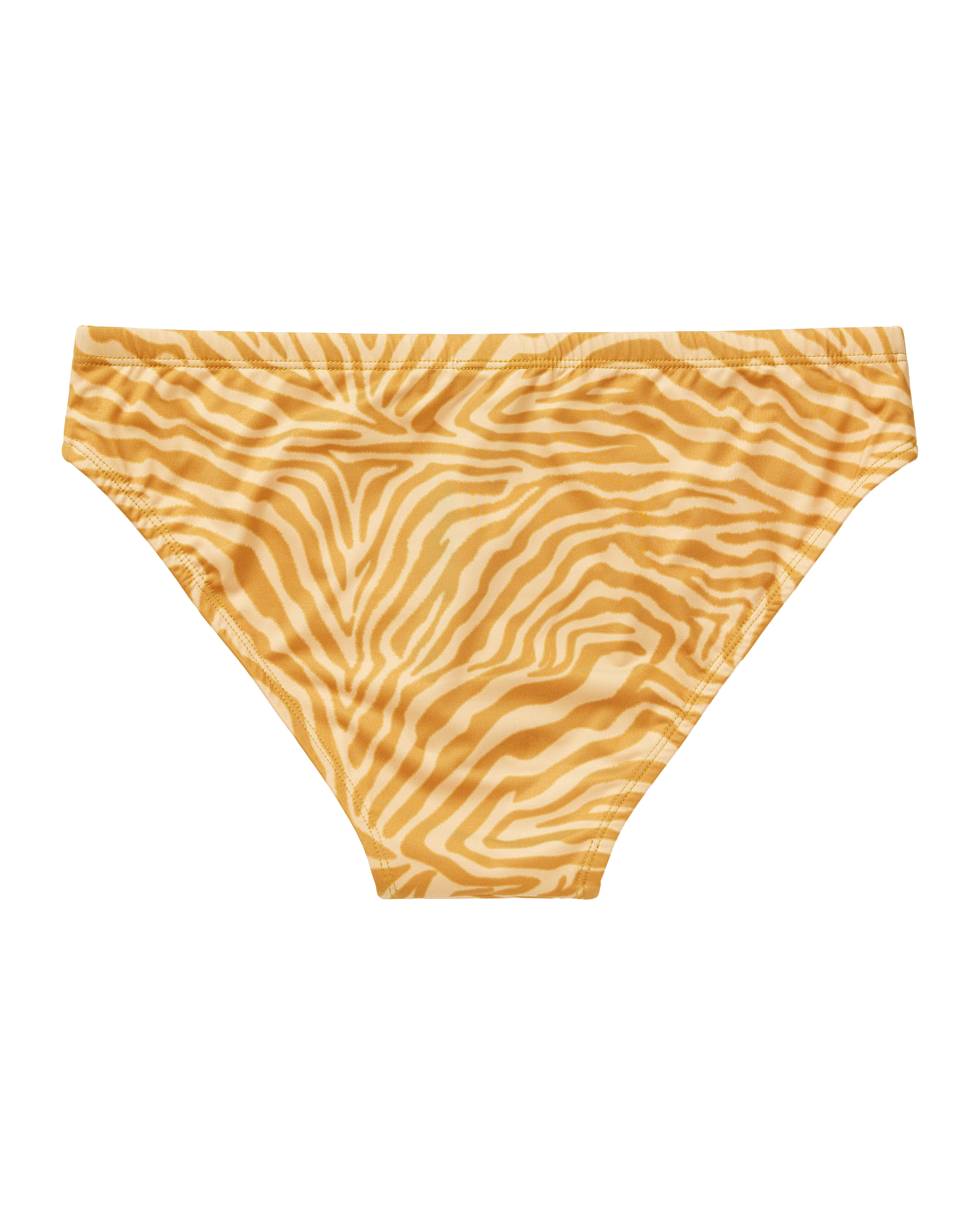 The Belize Swim Briefs - Oro Sawla Print by Dandy Del Mar, featuring a striking yellow and white pattern, are displayed on a plain background—perfect for elevating your summer wardrobe.