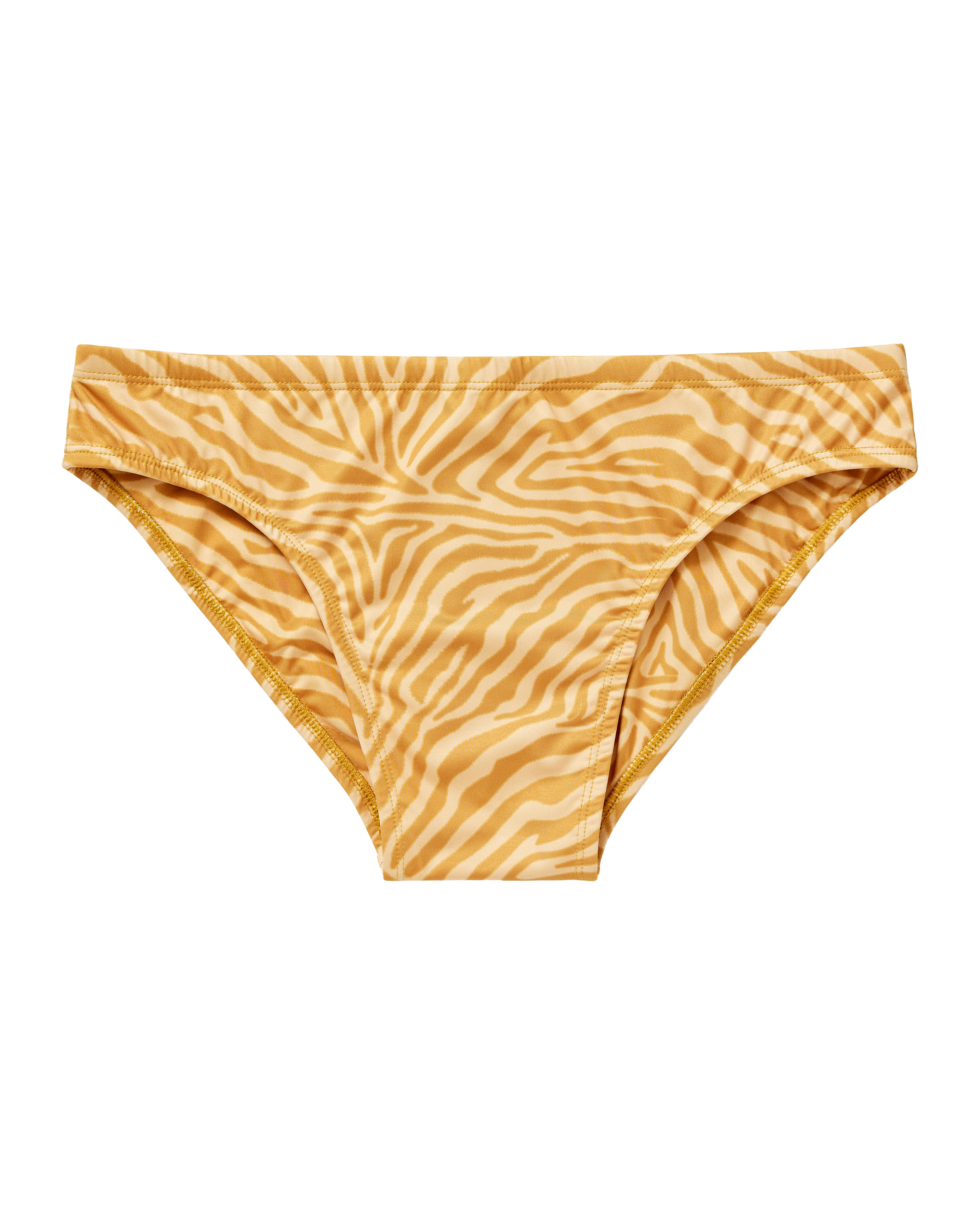 The Belize Swim Briefs - Oro Sawla Print by Dandy Del Mar feature an eye-catching orange zebra stripe pattern—making them a bold, stylish choice for your summer wardrobe.