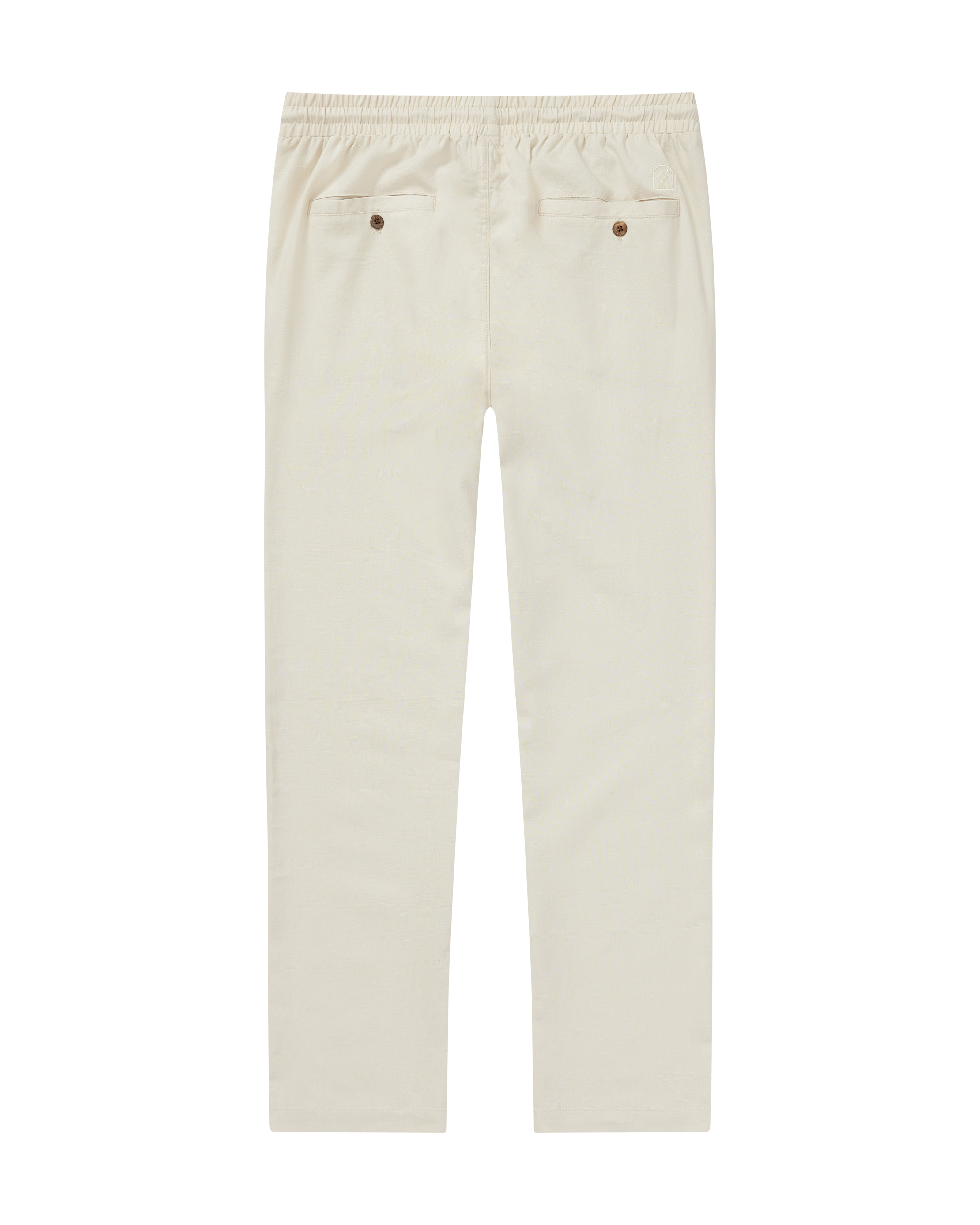 The Brisa Linen Pant - Vintage Ivory by Dandy Del Mar features an elastic waistband and two front pockets for relaxed, effortless style. Straight-leg fit shown flat on a plain background.