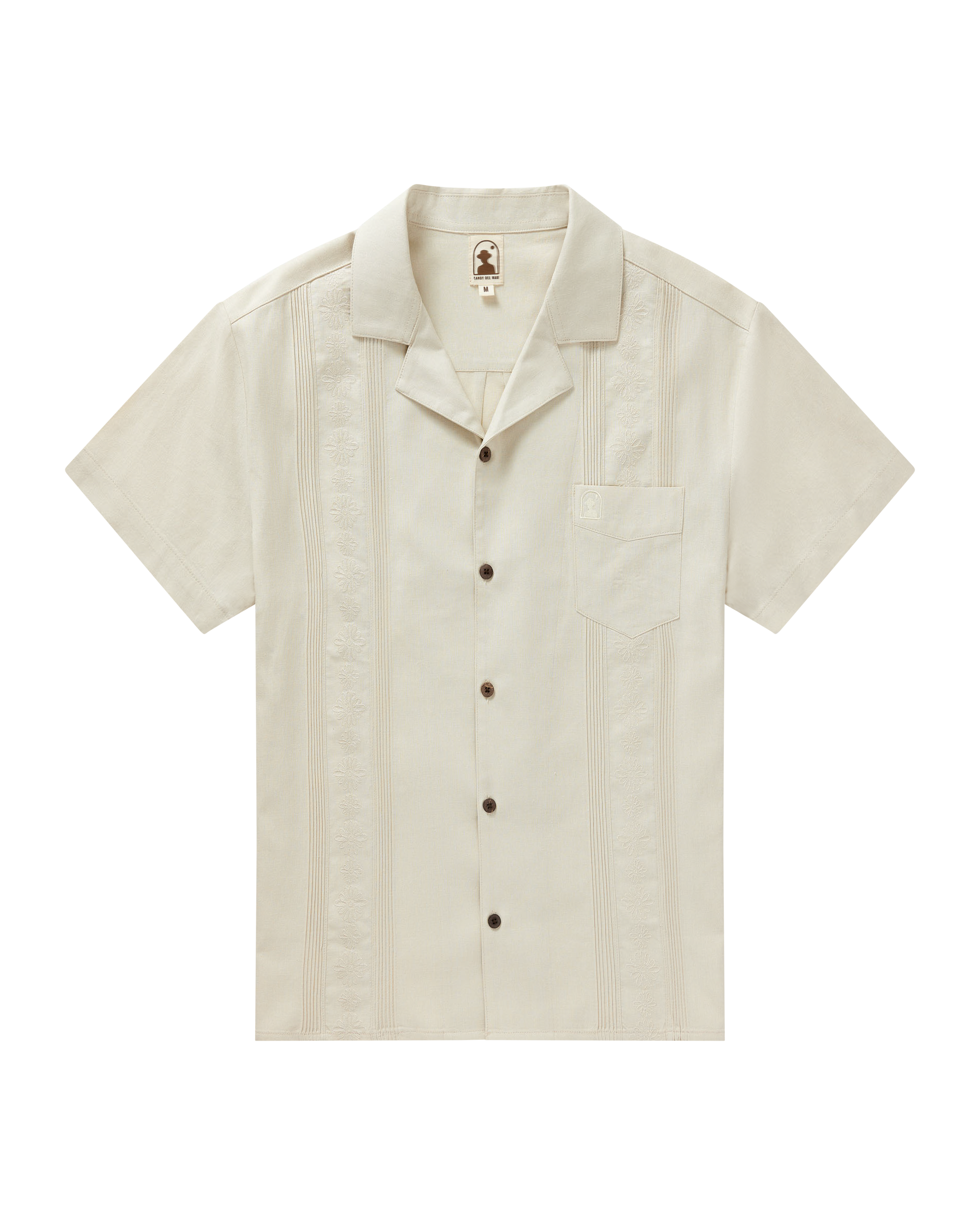The Brisa Linen Shirt - Vintage Ivory by Dandy Del Mar features short sleeves, a chest pocket, coconut shell buttons, and vertical embroidery.