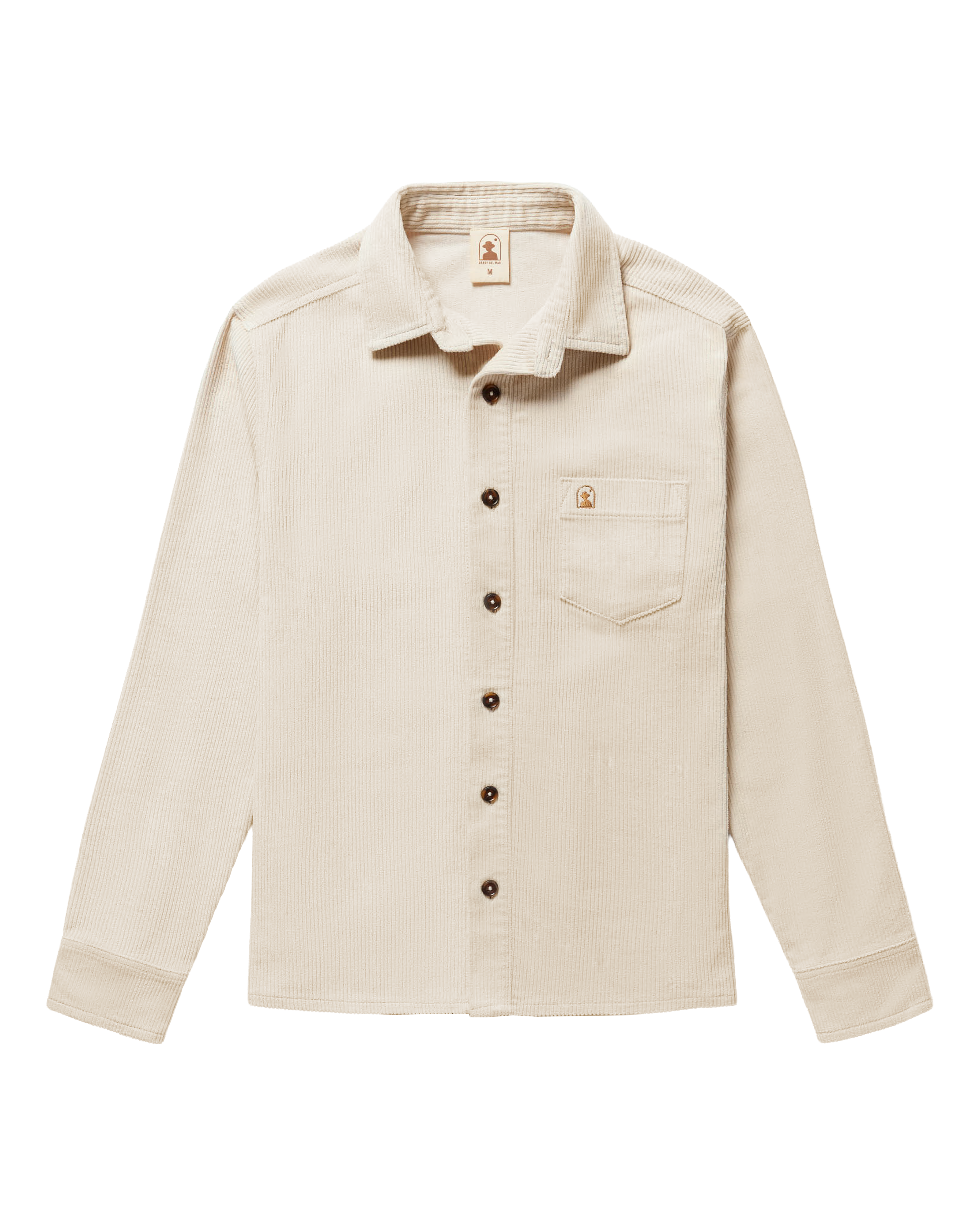 The Dandy Del Mar Corsica Corduroy Shirt in Alabaster White features a tailored relaxed fit, long sleeves, a front chest pocket, and dark buttons, shown laid flat on a plain background.