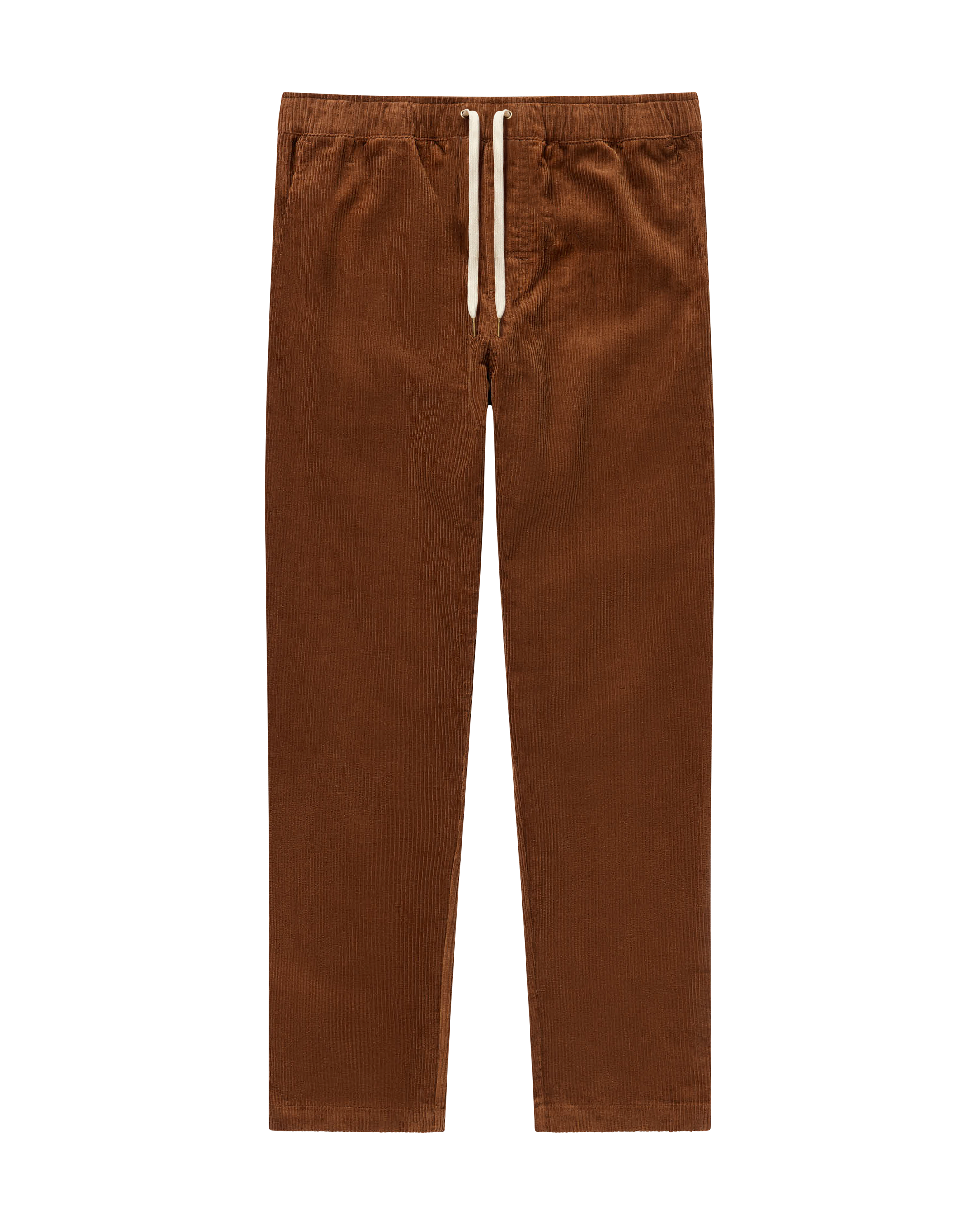 The Corsica Corduroy Pant - Carajillo by Dandy Del Mar features brown Italian corduroy, a straight leg cut, tailored fit, an elastic waistband, and white drawstring, shown against a plain background.