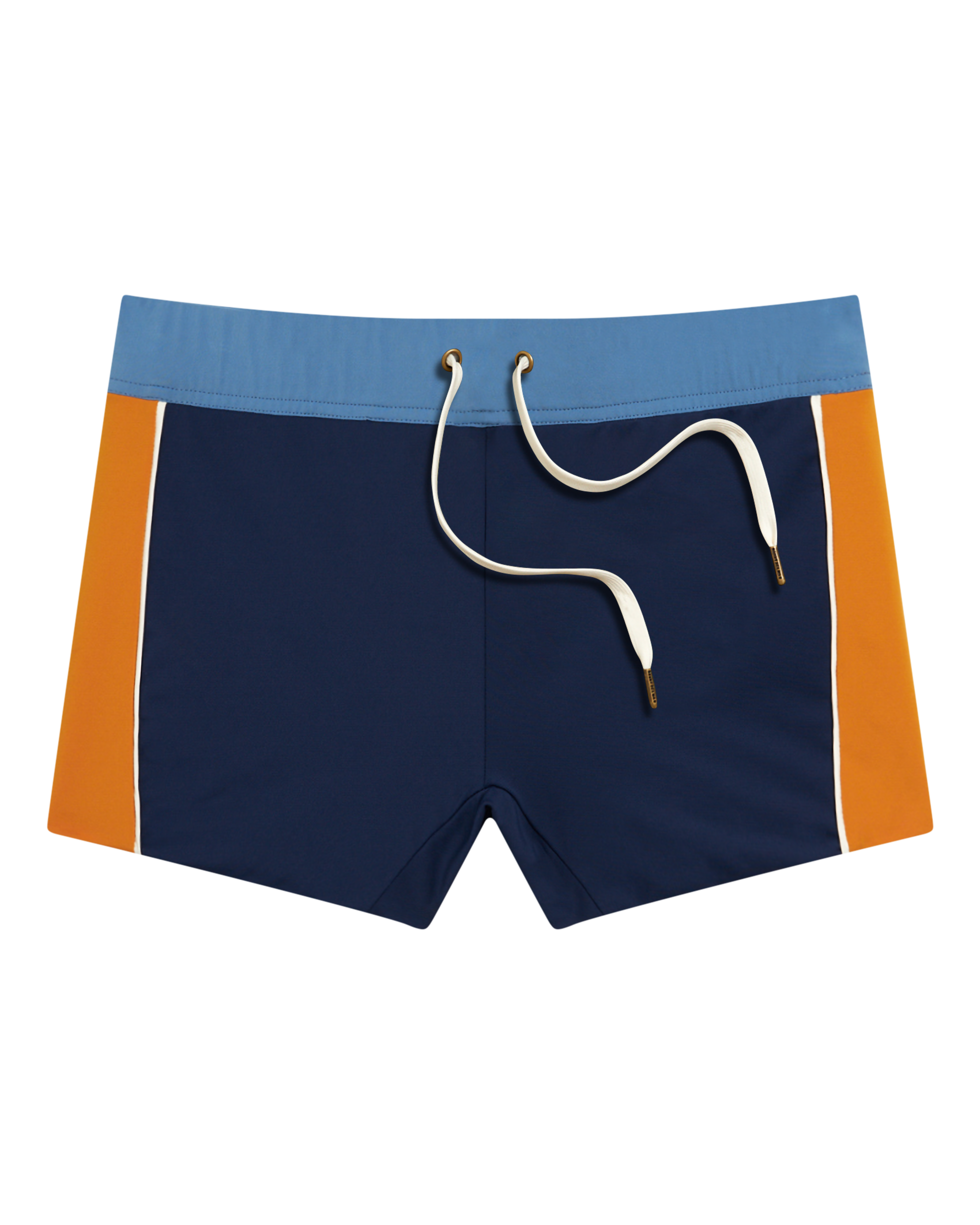 The Cassis Square Cut Swim Brief - Anchor by Dandy Del Mar features a navy style inspired by Sunset Swims, with a light blue waistband, orange side panels, white piping, and white drawstrings.