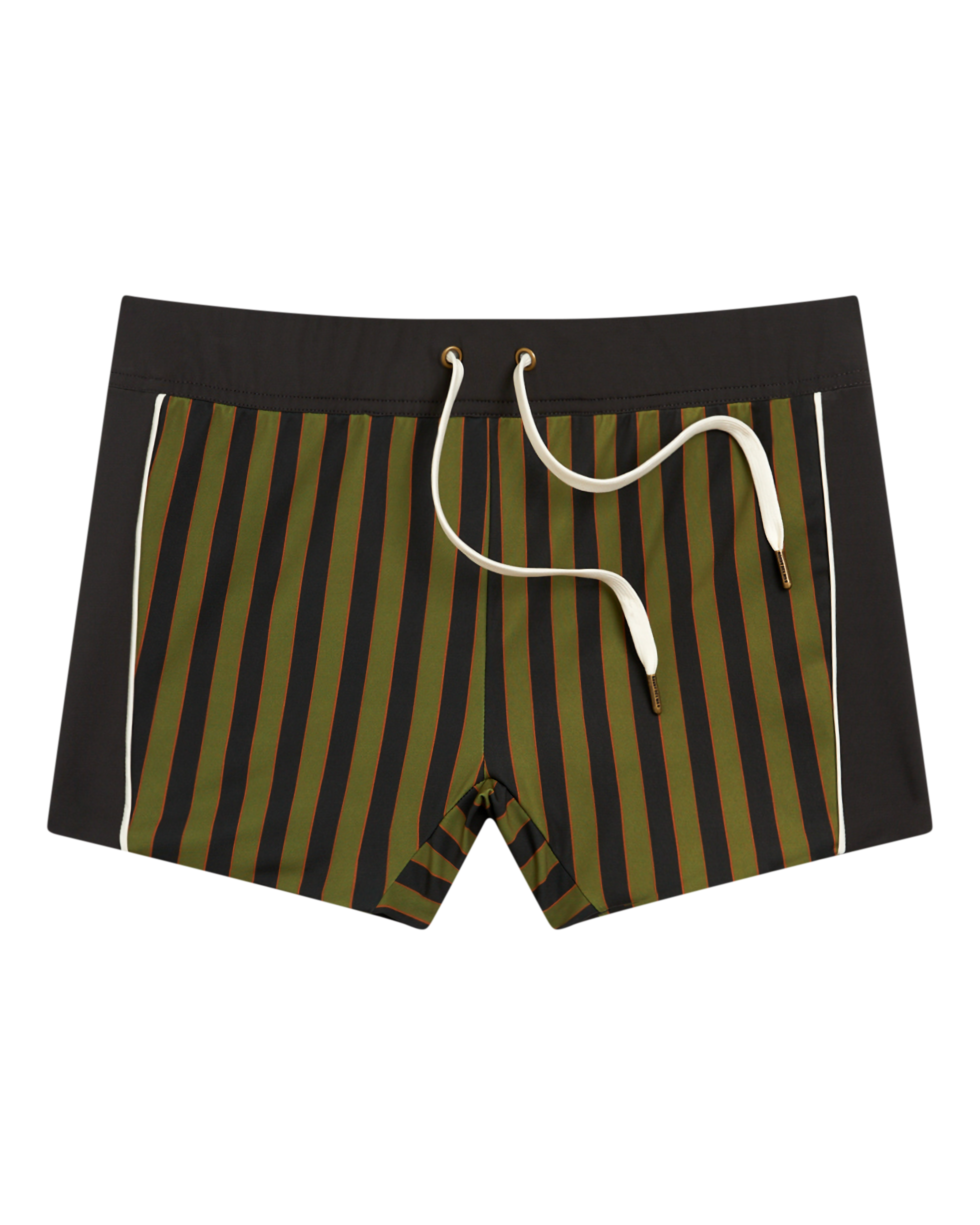 The Cassis Square Cut Swim Brief - Arbequina by Dandy Del Mar features a European fit, green, black, and brown stripes with black side panels, white piping and drawstring—crafted from recycled polyester.