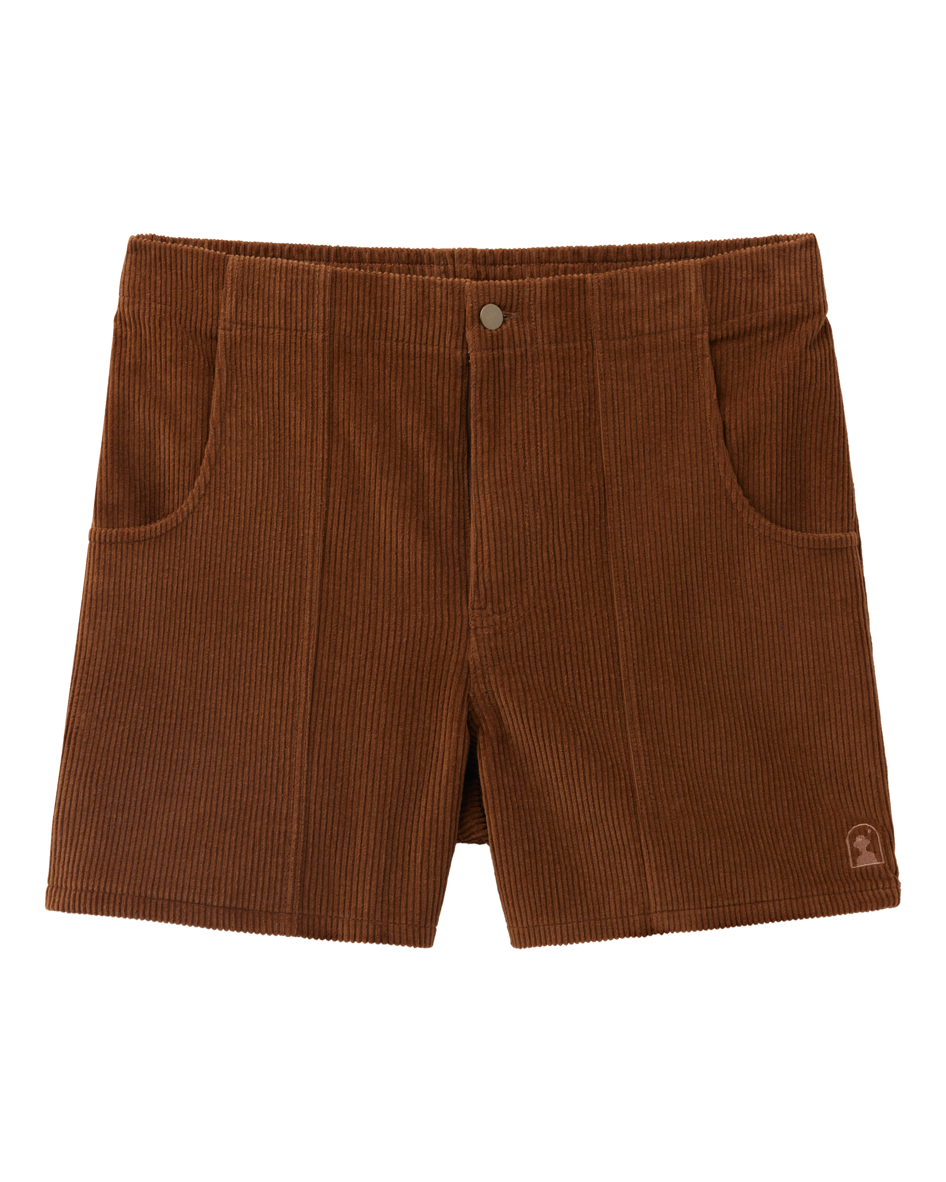 The Corsica Corduroy Short - Tobacco by Dandy Del Mar features brown corduroy fabric, front pockets, a button waistband, and a small logo on the lower left leg.