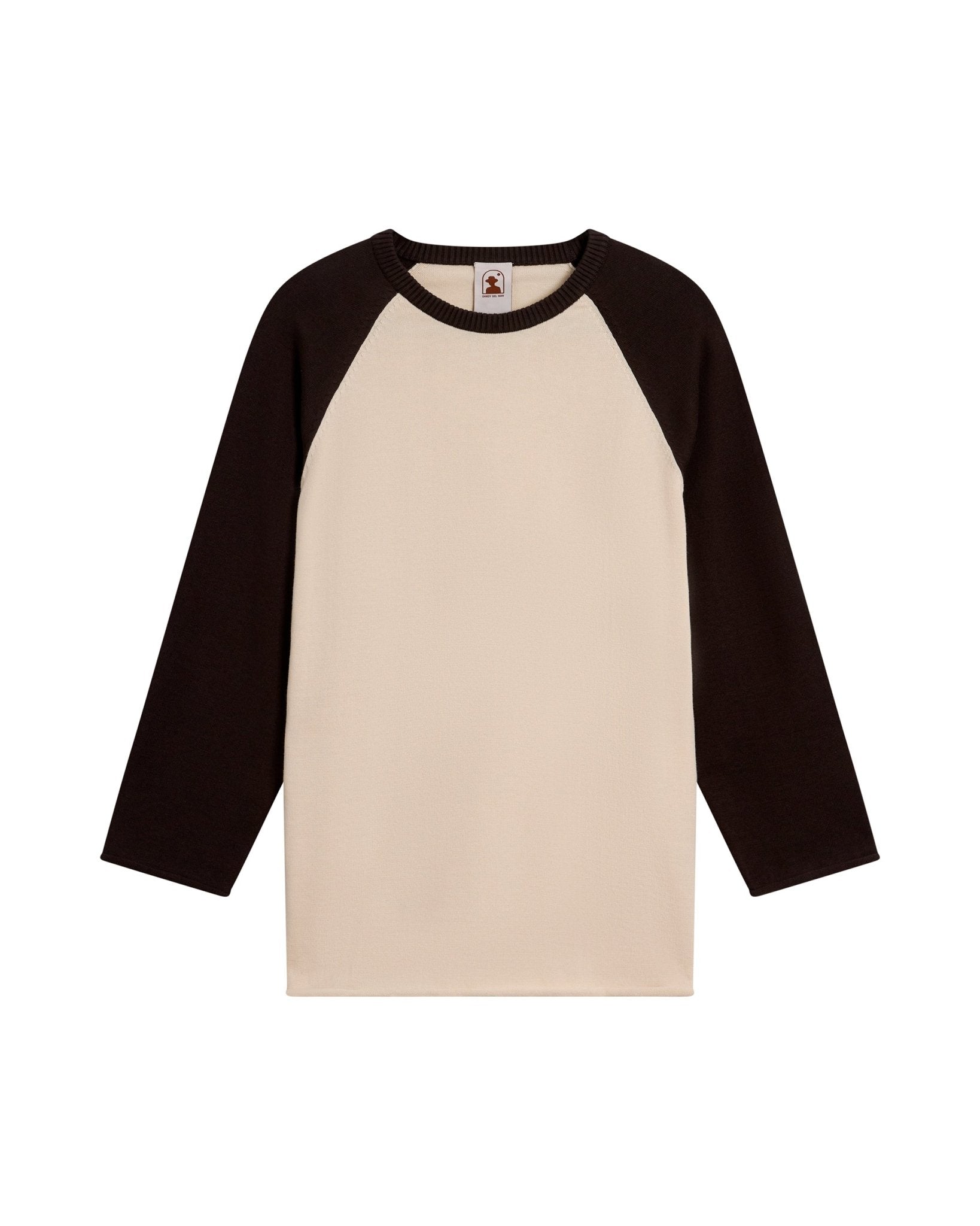 The Dandy Del Mar Grenada Sweater Knit Baseball Tee - Tierra pairs black sleeves with a beige body in a vintage-sport style, crafted from lightweight cotton and shown laid flat on a white background.