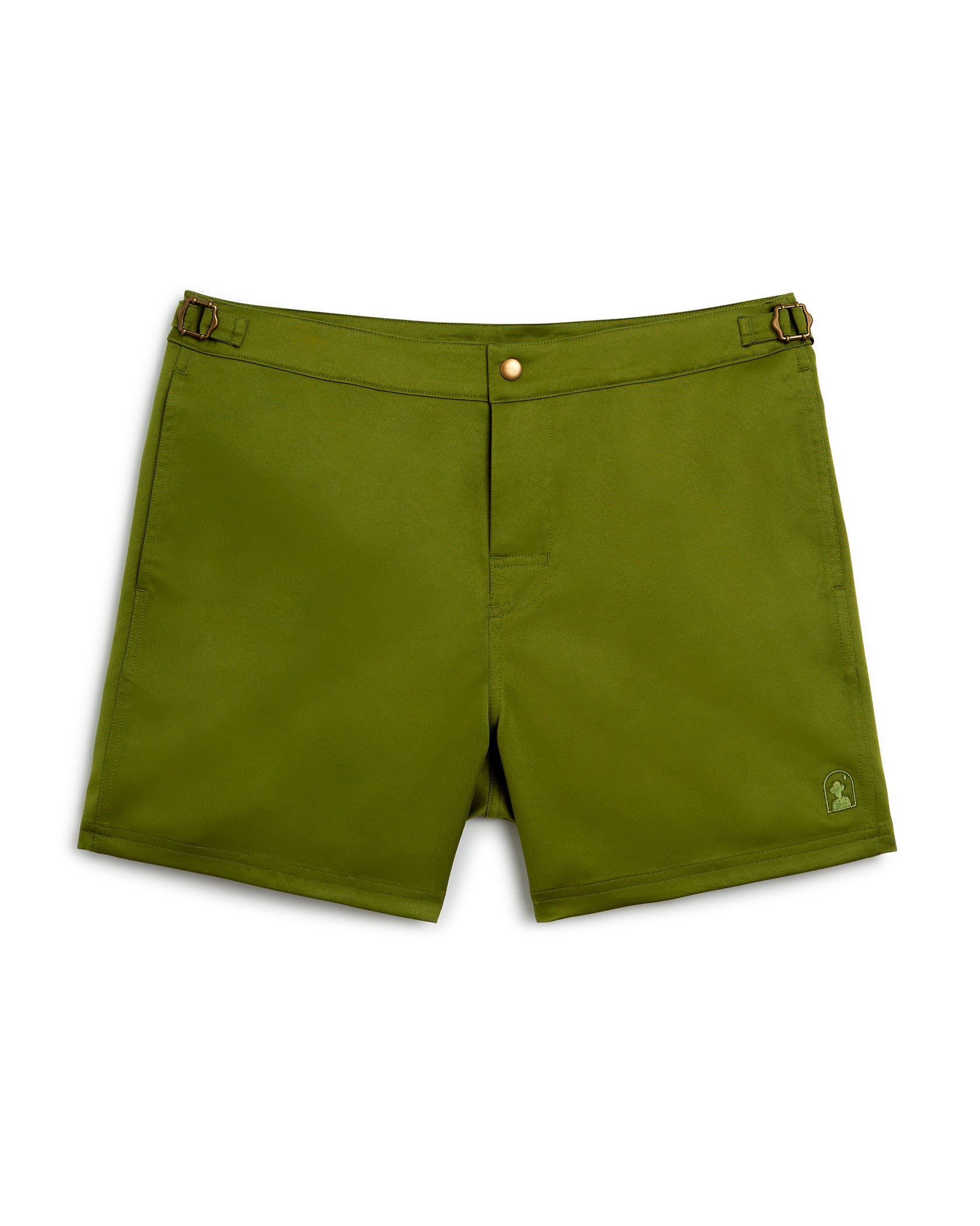 This pair of Mallorca Swim-Walk Shorts for men features a single layer nylon construction in olive green, with adjustable antique brass side fasteners.