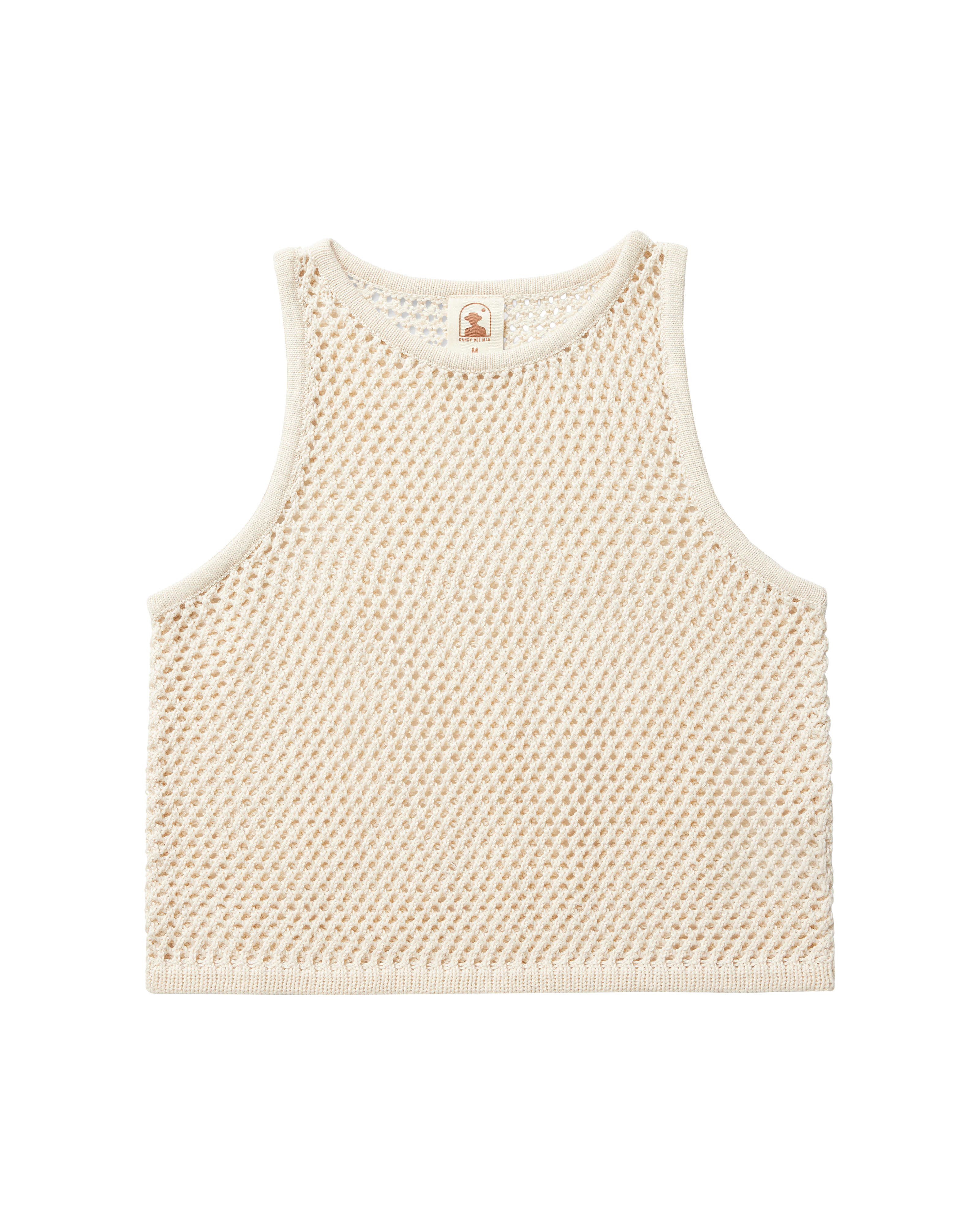 The Malaga Crochet Tank by Dandy Del Mar in Vintage Ivory, a sleeveless crochet knit top with a relaxed fit, is laid flat on a white background.