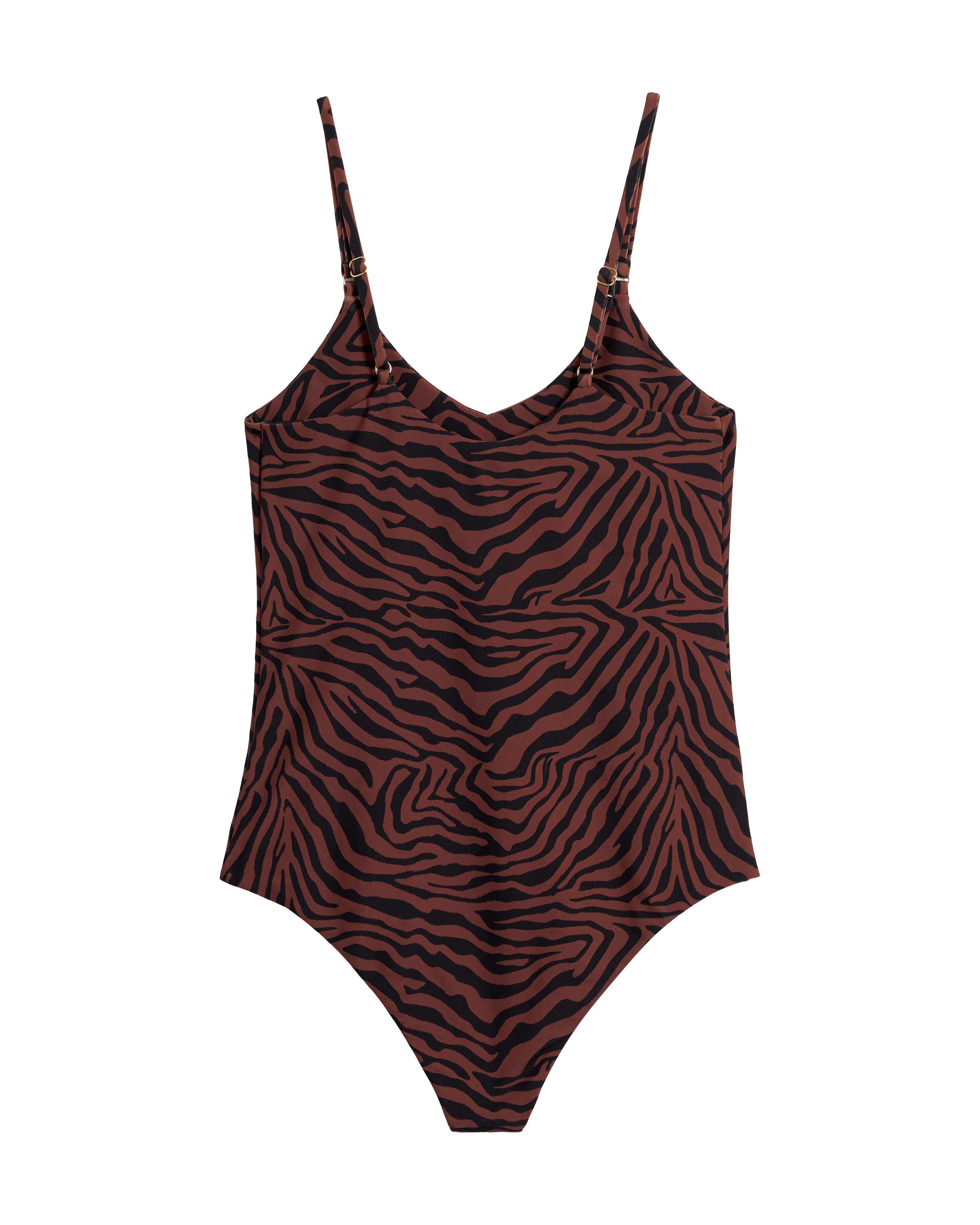 The Deia One Piece - Onyx by Dandy Del Mar is a chic women's swimsuit with bold black tiger stripes, thin adjustable straps, and a flattering high-cut design—ideal for stylish swimwear.