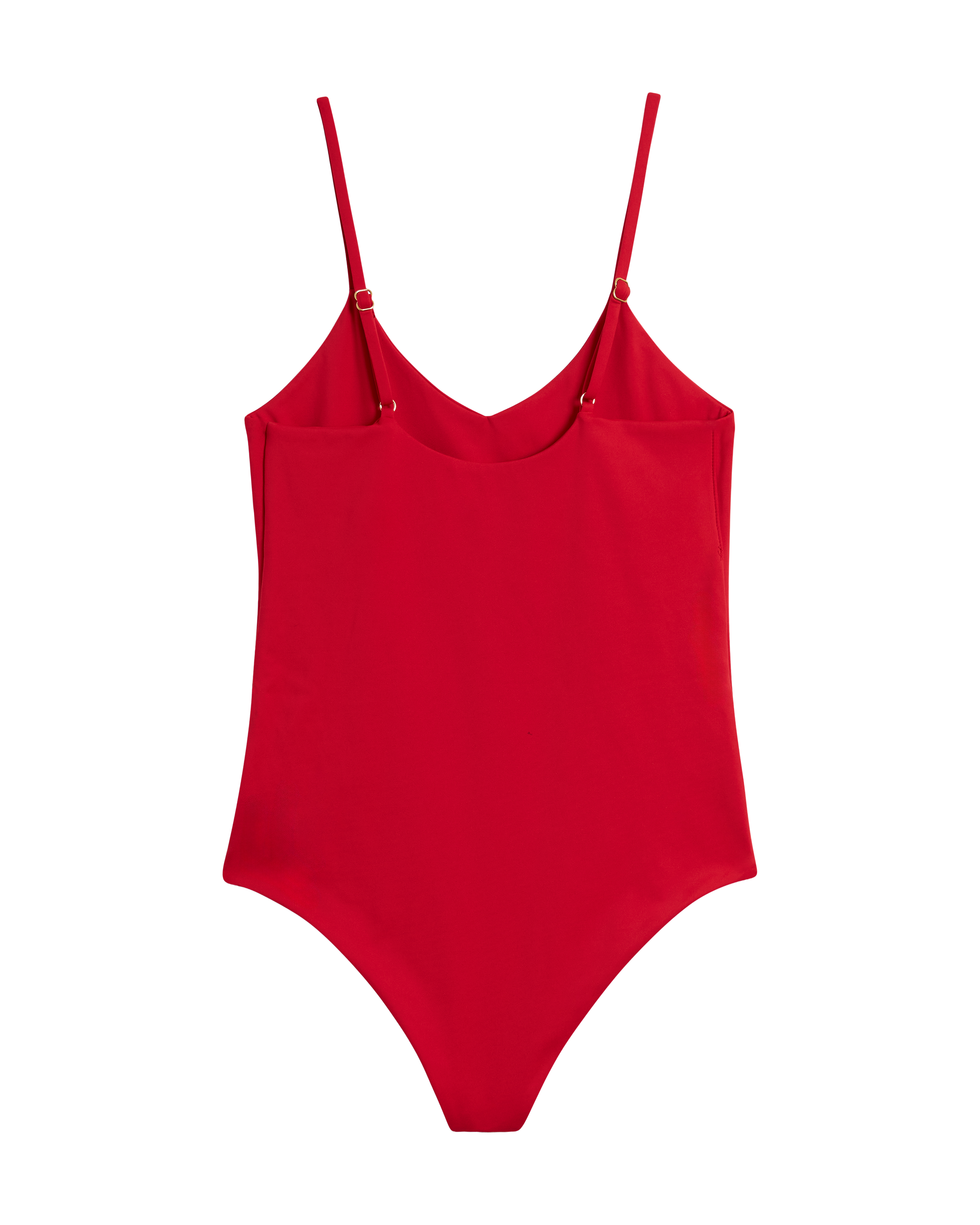 The Deia One Piece - Pico by Dandy Del Mar is a red swimsuit featuring thin adjustable shoulder straps and a flattering high-cut design, showcased on a plain background.