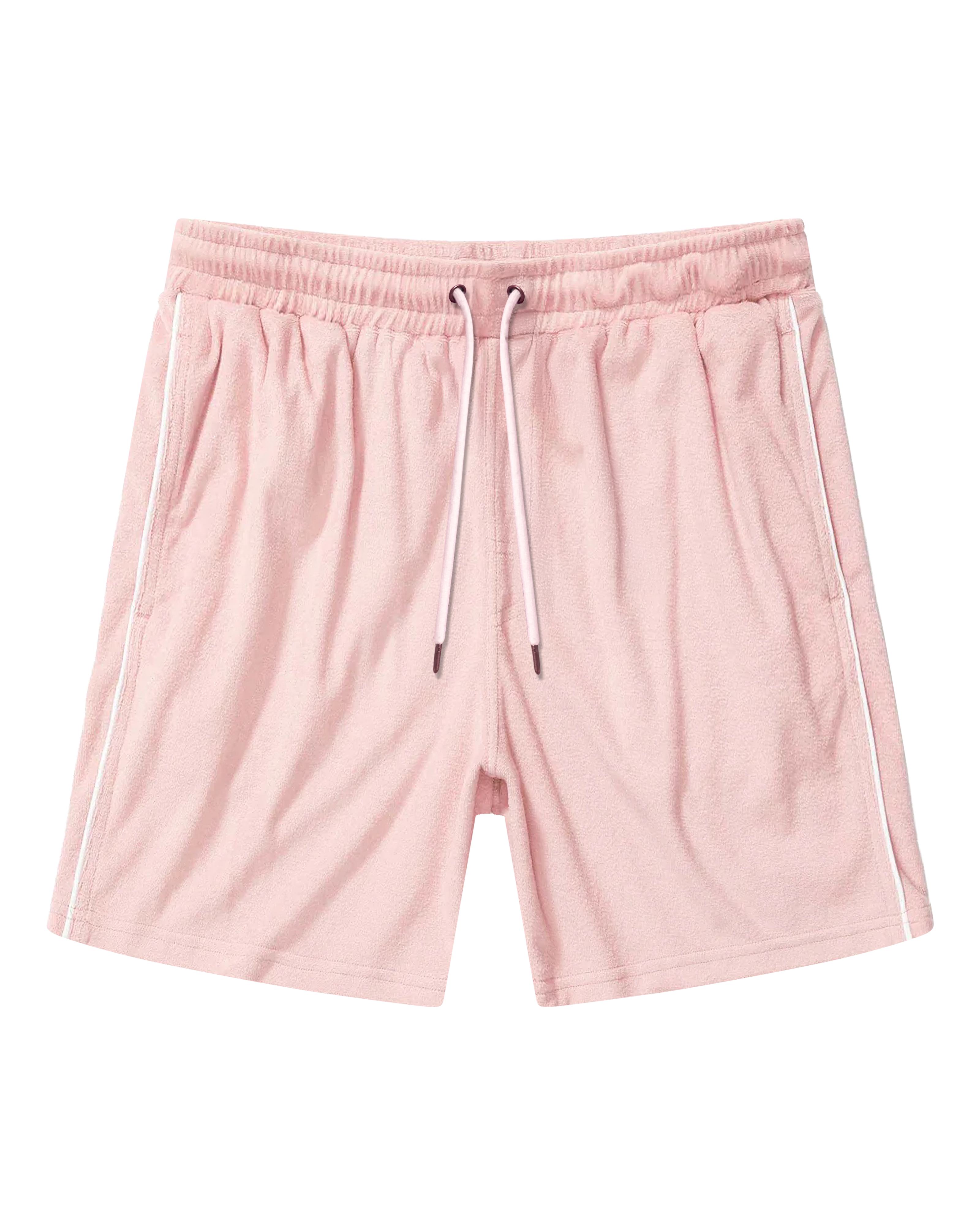 The Gaucho Shorts - Mauve by Dandy Del Mar are light pink terry cloth shorts featuring an elastic waistband, drawstring, and white side piping detail.