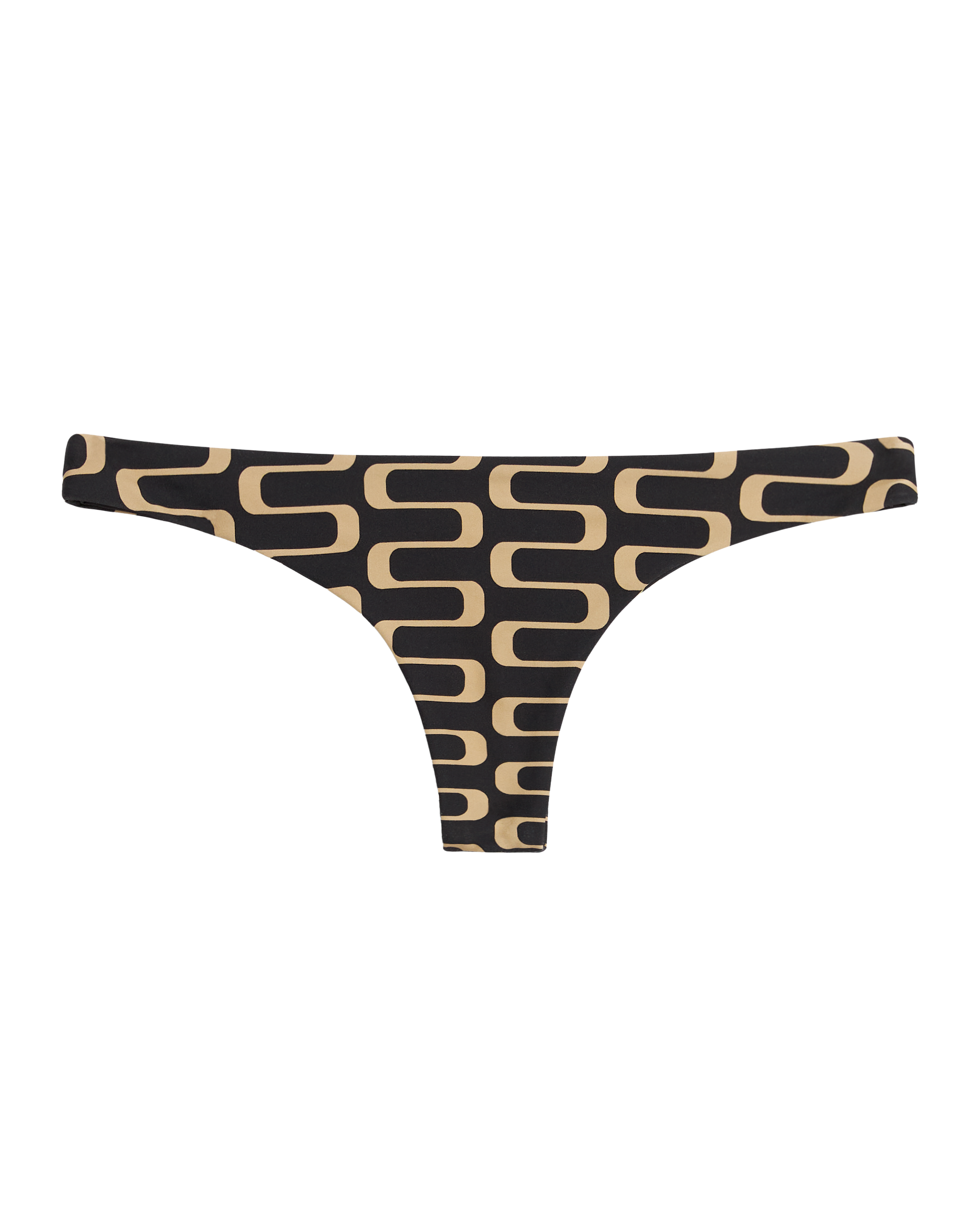 The Gomera Bottom - Albatross by Dandy Del Mar features a black and beige geometric rectangular pattern, seamless design, cheeky coverage, and a mid-rise cut, displayed against a white background.