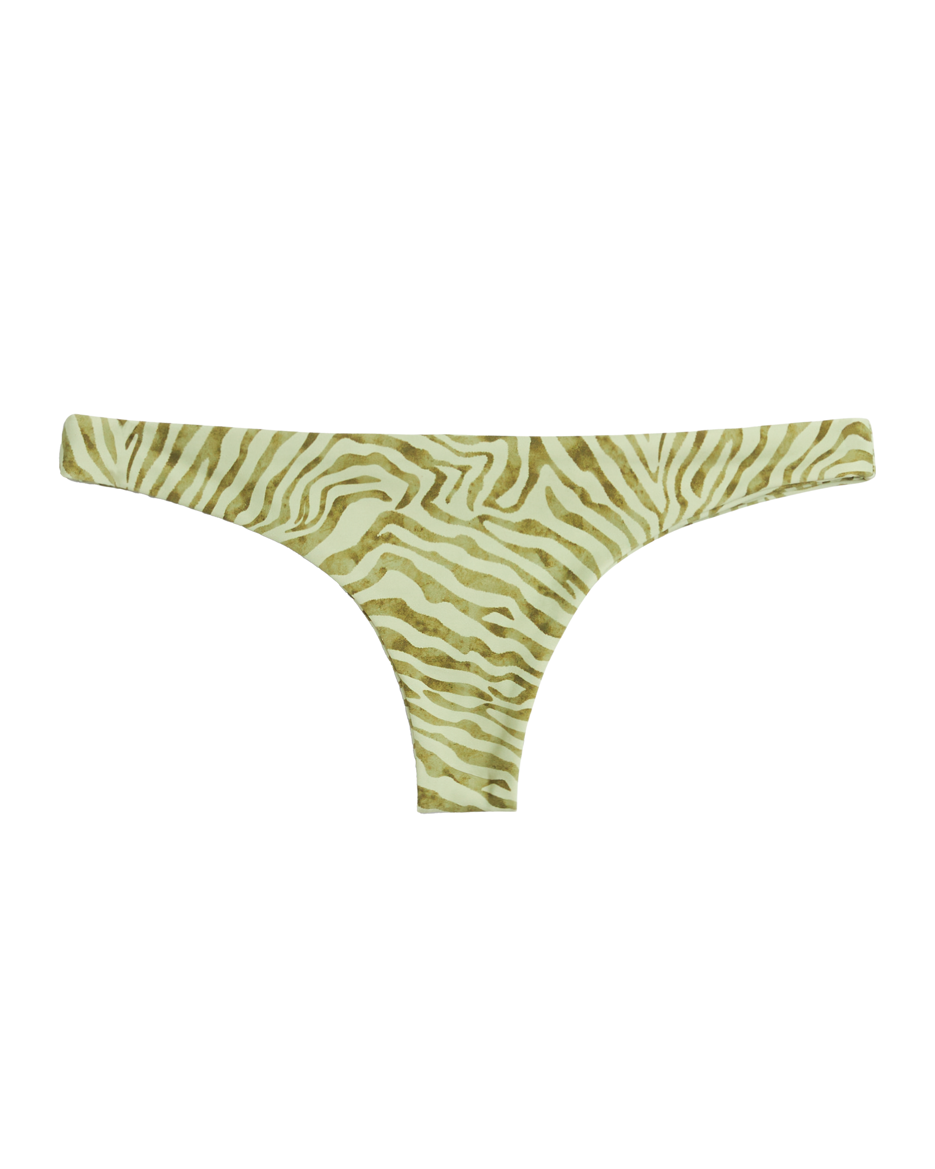 The Gomera Bottom - Arbequina by Dandy Del Mar features a beige and light brown zebra print with cheeky coverage, displayed on a plain black background.