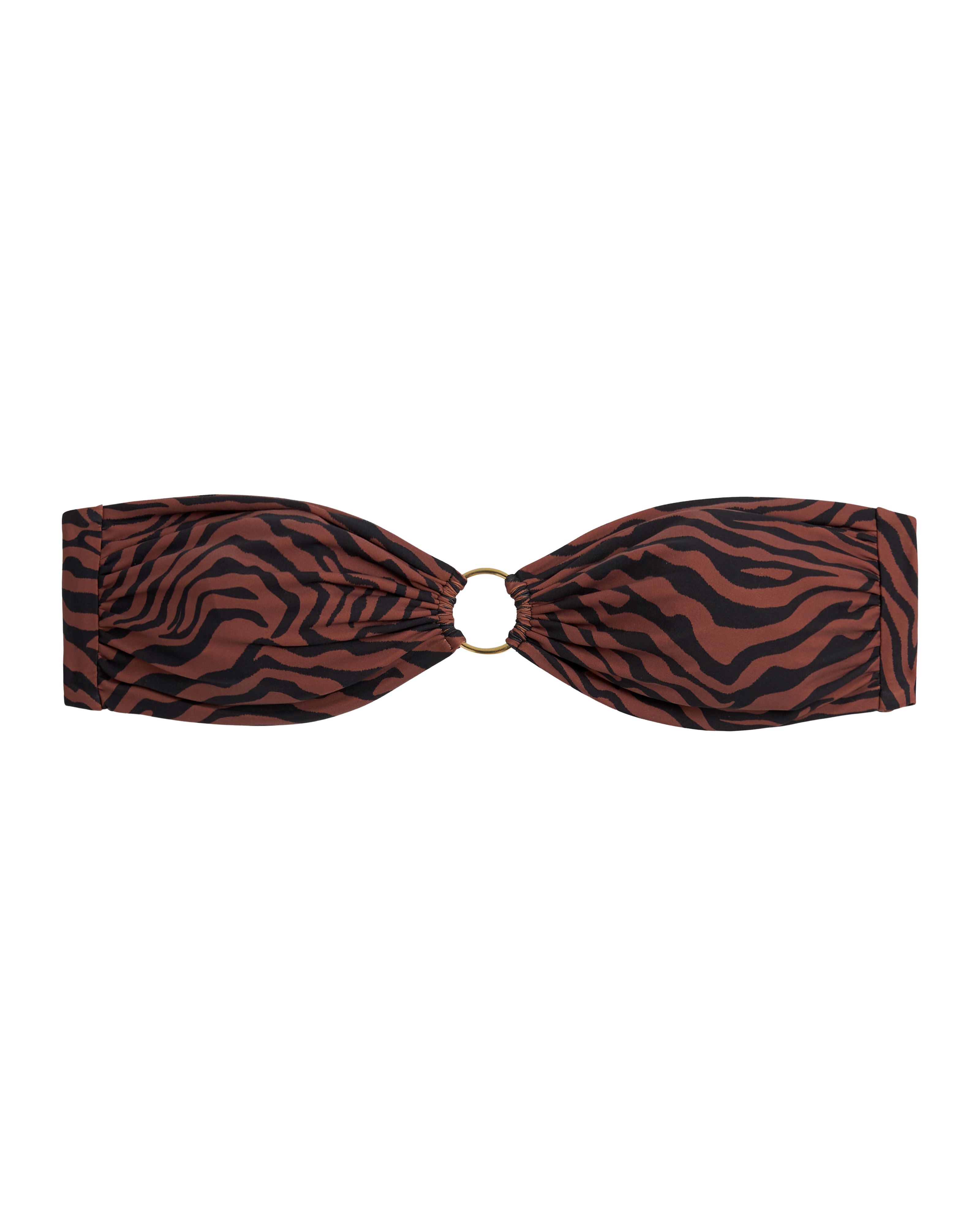The Gomera Top - Onyx by Dandy Del Mar showcases a strapless silhouette in a brown and black zebra print, accented with a central circular metal ring.