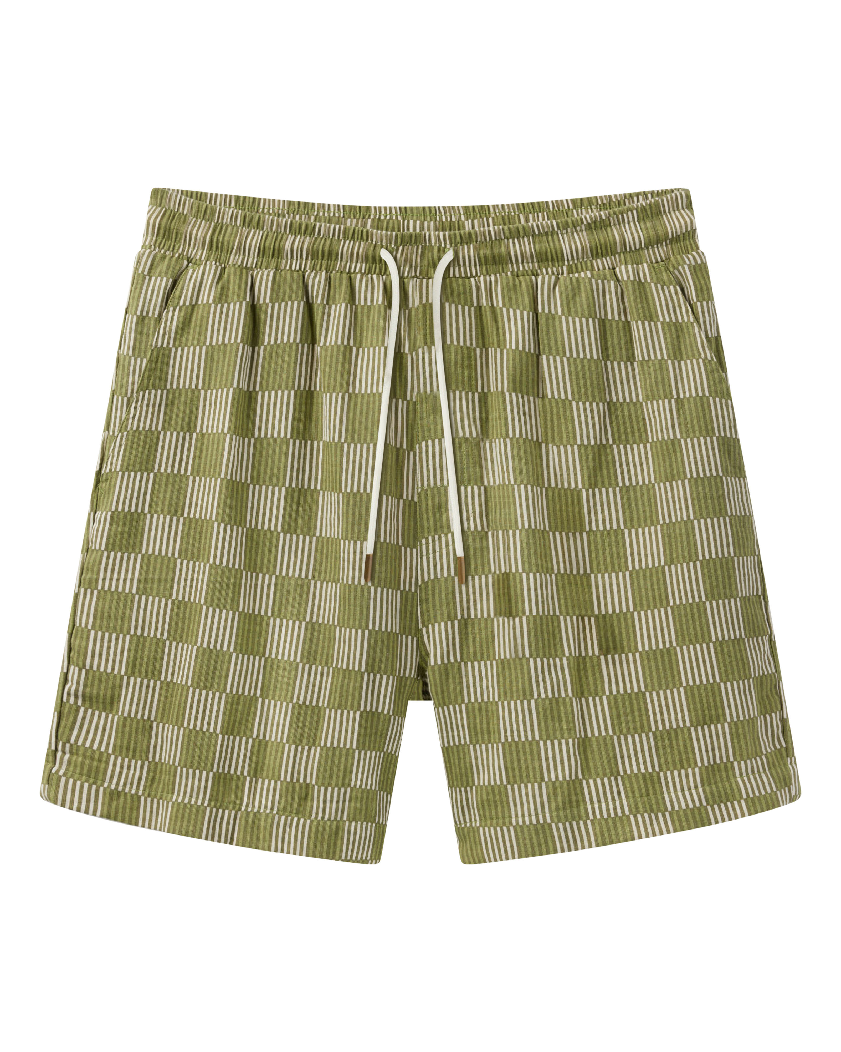 The Grenadine Crinkle Gauze Shorts - Berdea Palermo Print by Dandy Del Mar feature a green and white checkered pattern, relaxed fit, soft crinkle gauze fabric, elastic waistband, and white drawstring, shown on a plain background.