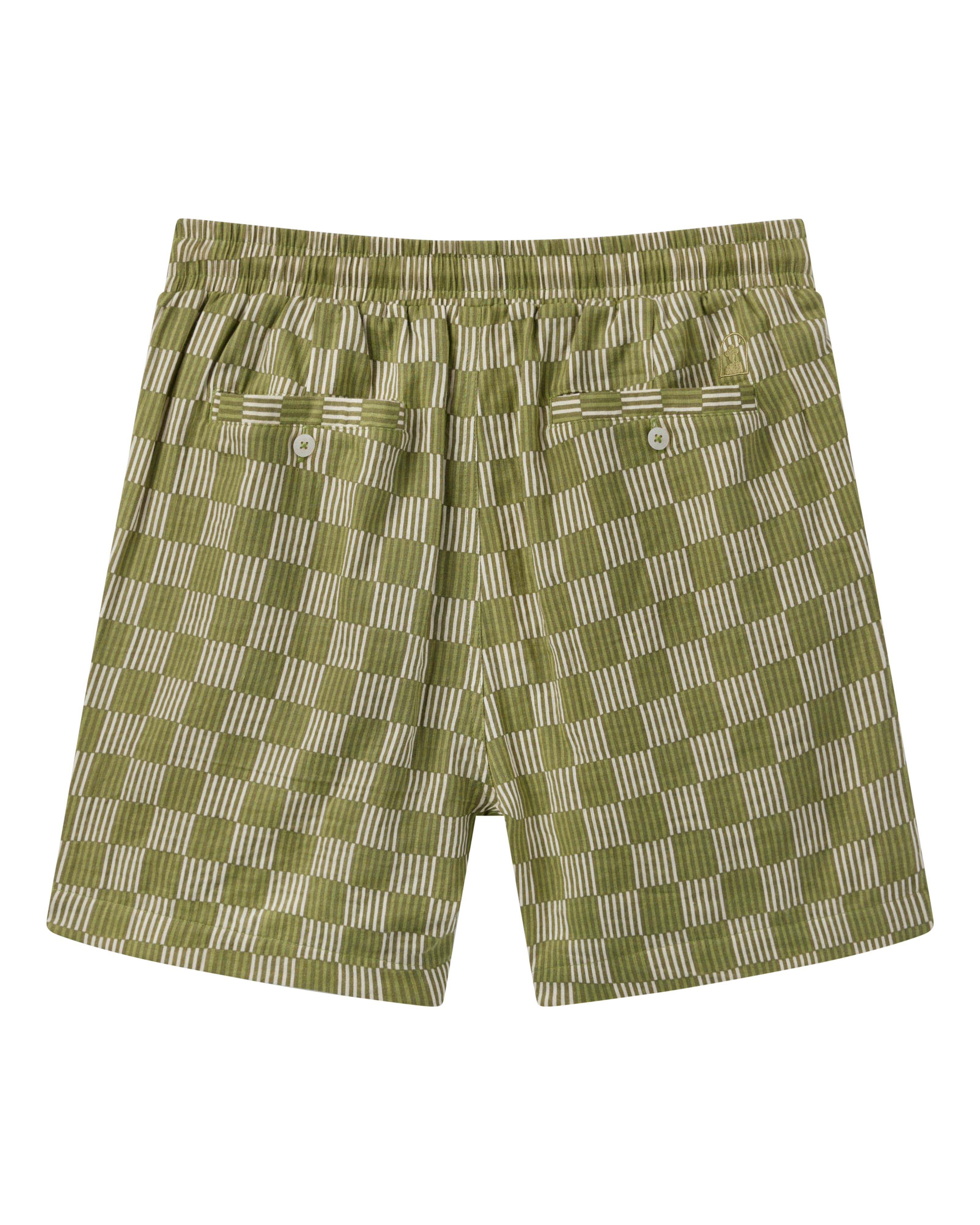 The Grenadine Crinkle Gauze Shorts - Berdea Palermo Print by Dandy Del Mar feature a green and beige check design, elastic waist, two buttoned back pockets, and crinkle gauze fabric, shown flat on a black background.