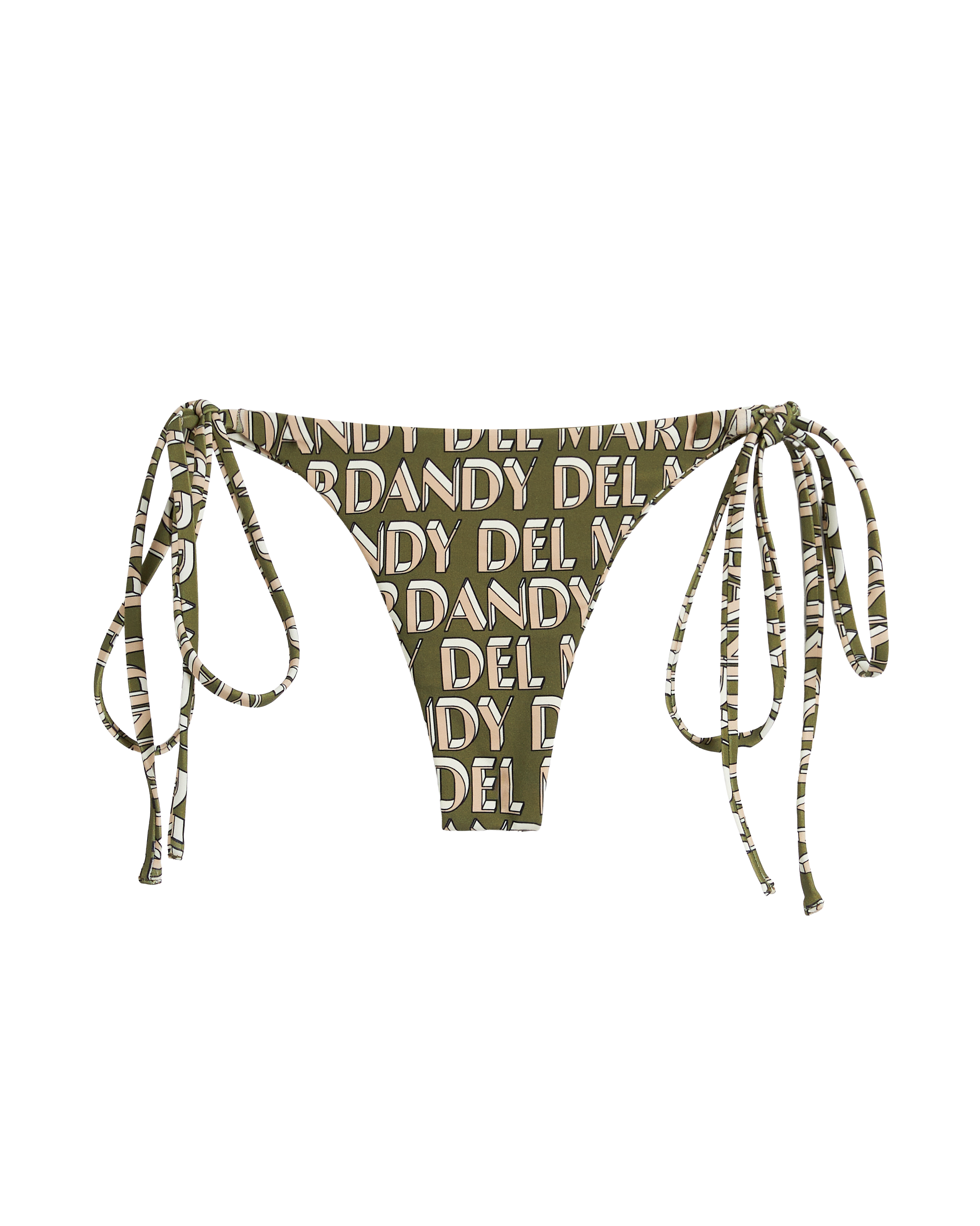The Kokomo Bottom - Arbequina by Dandy Del Mar is an olive green, tie-side bikini bottom with minimal coverage, crafted from recycled nylon and finished with a beige and white "Dandy Del Mar" text pattern.