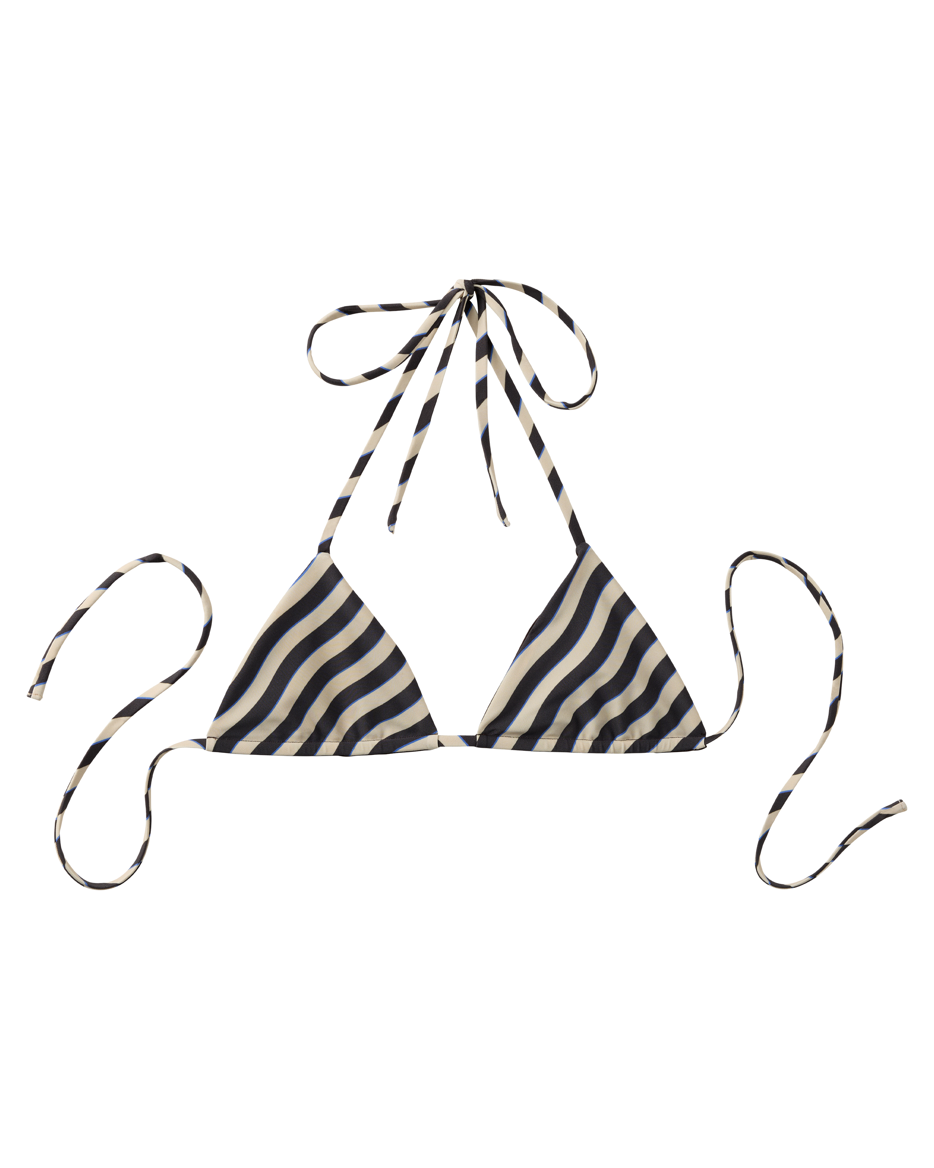 The Hierro Top - Tierra by Dandy Del Mar, a black and white striped halter bikini top with tie-back straps, is displayed flat on a white background.