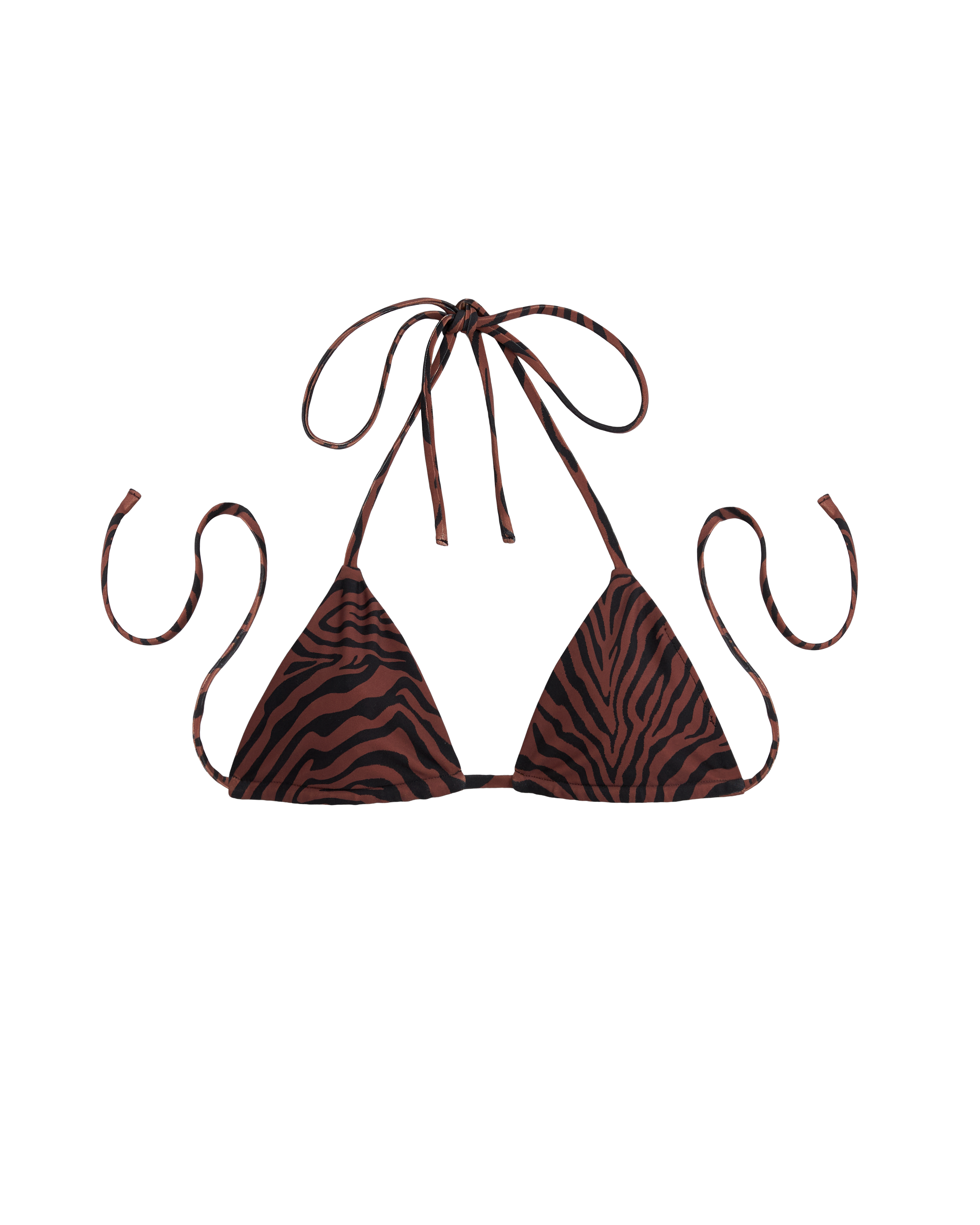 The Hierro Top - Onyx by Dandy Del Mar is a brown and black zebra-print sliding triangle bikini top with tie straps, made from recycled nylon and shown on a plain background.