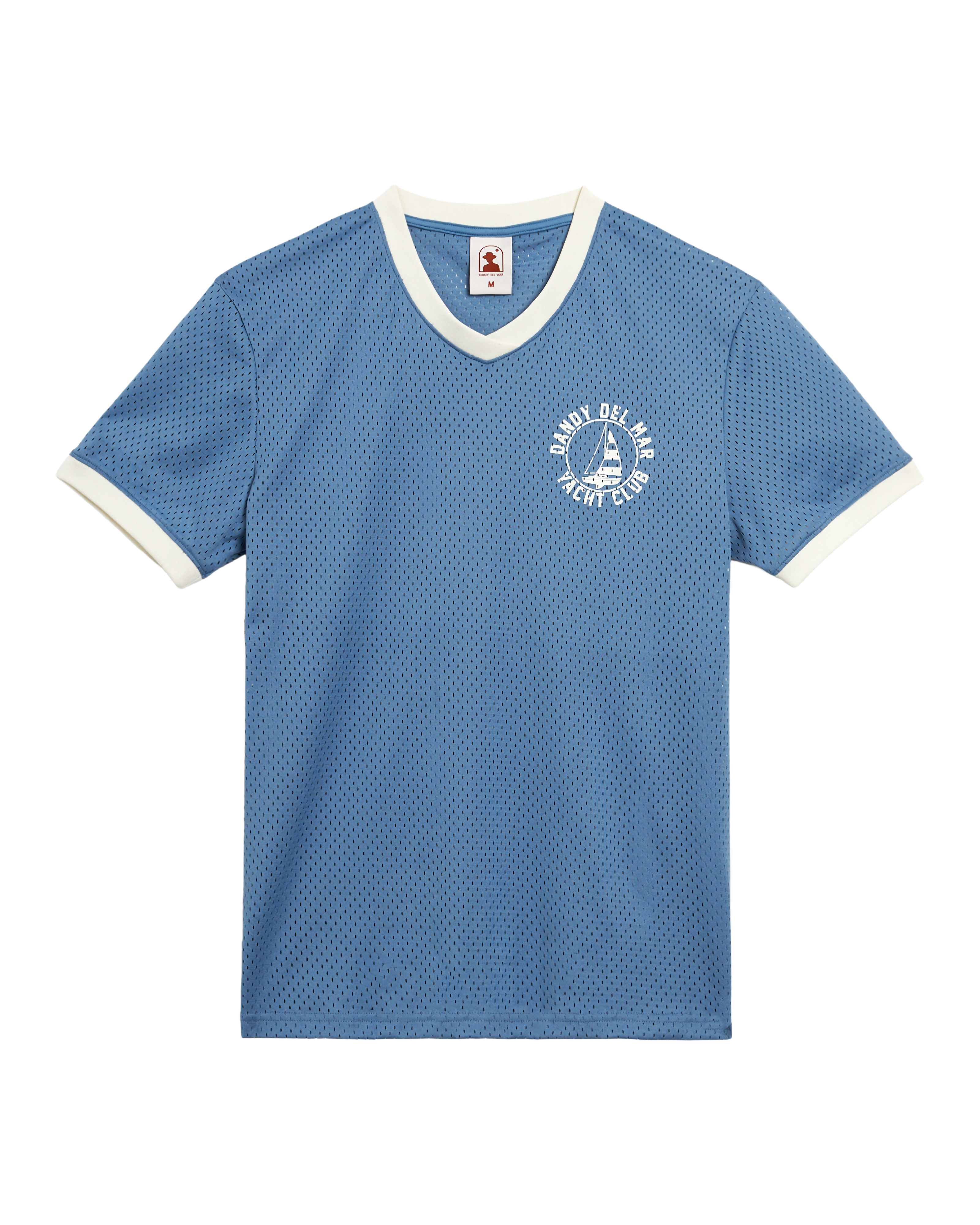 The Kaena Mesh Tee - Annapolis by Dandy Del Mar is a blue mesh short-sleeve shirt with white collar and sleeve trim, plus a small white Dandies graphic on the left chest—ideal for casual leisure wear.