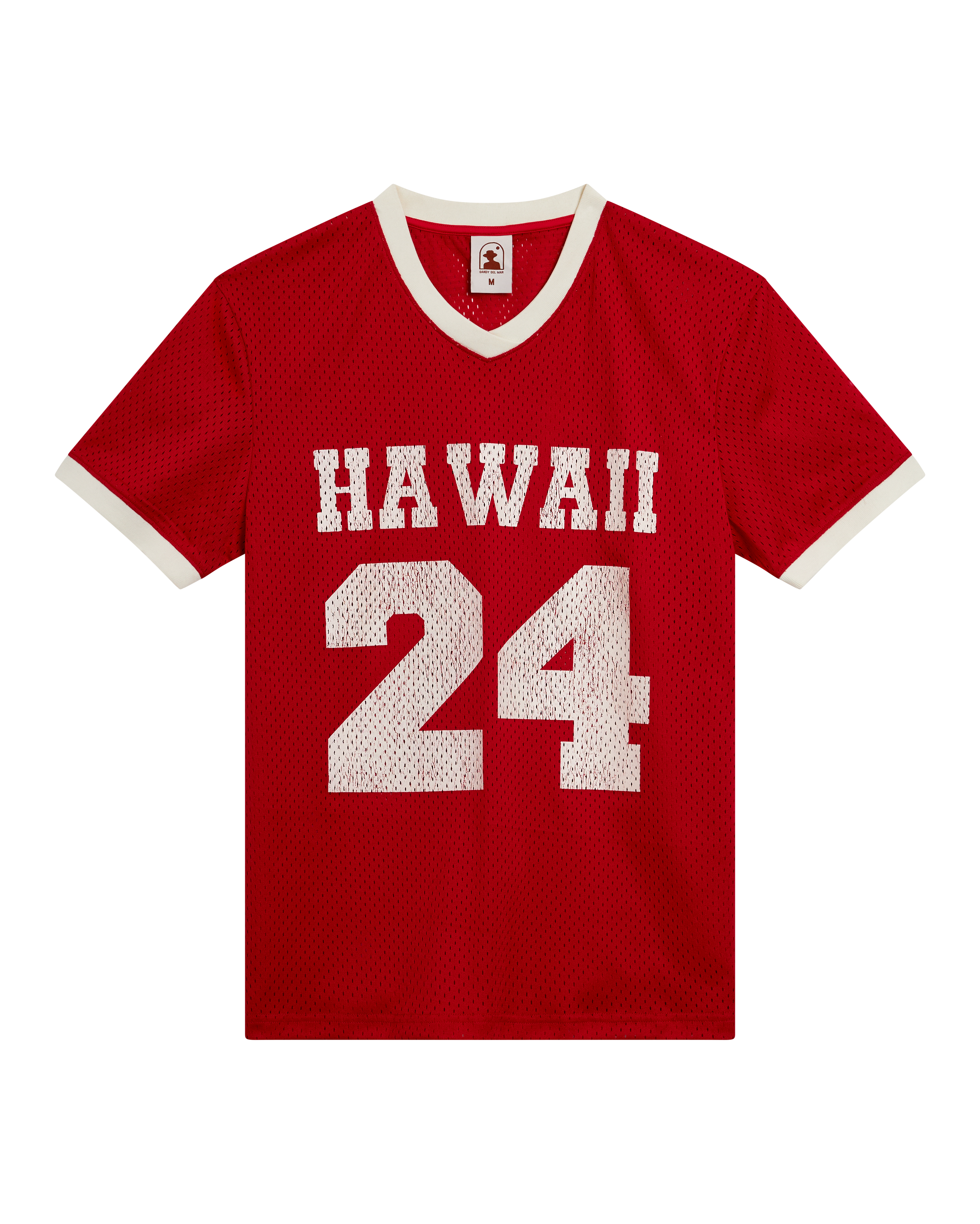The Kaena Mesh Tee - Pico by Dandy Del Mar is a red sports mesh top with white rib V-neck and trim, showcasing a bold "HAWAII" and "24" print on the front.