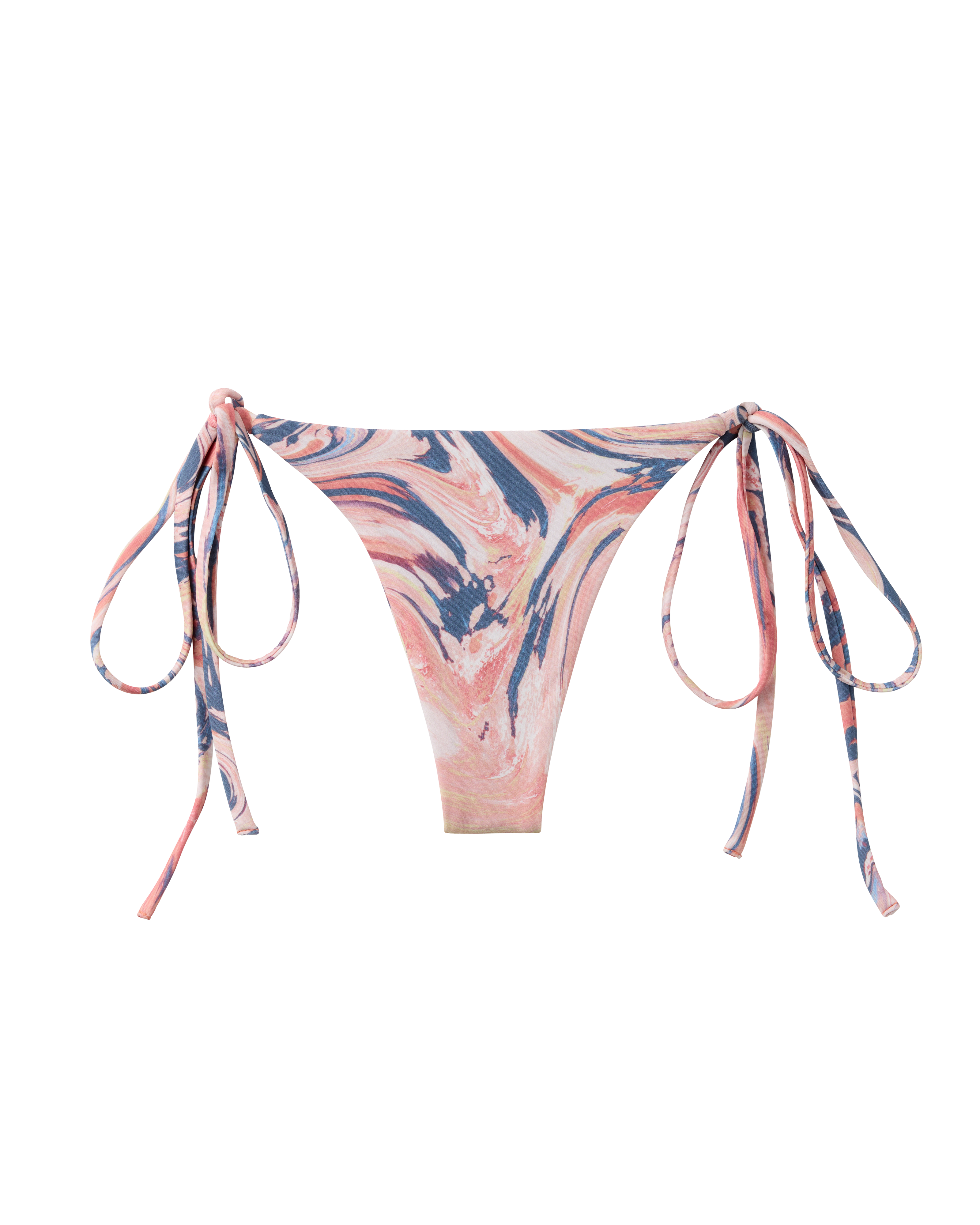 The Kokomo Bottom - Lantana by Dandy Del Mar features a pink, blue, and cream marble pattern with side tie straps, shown on a white background.