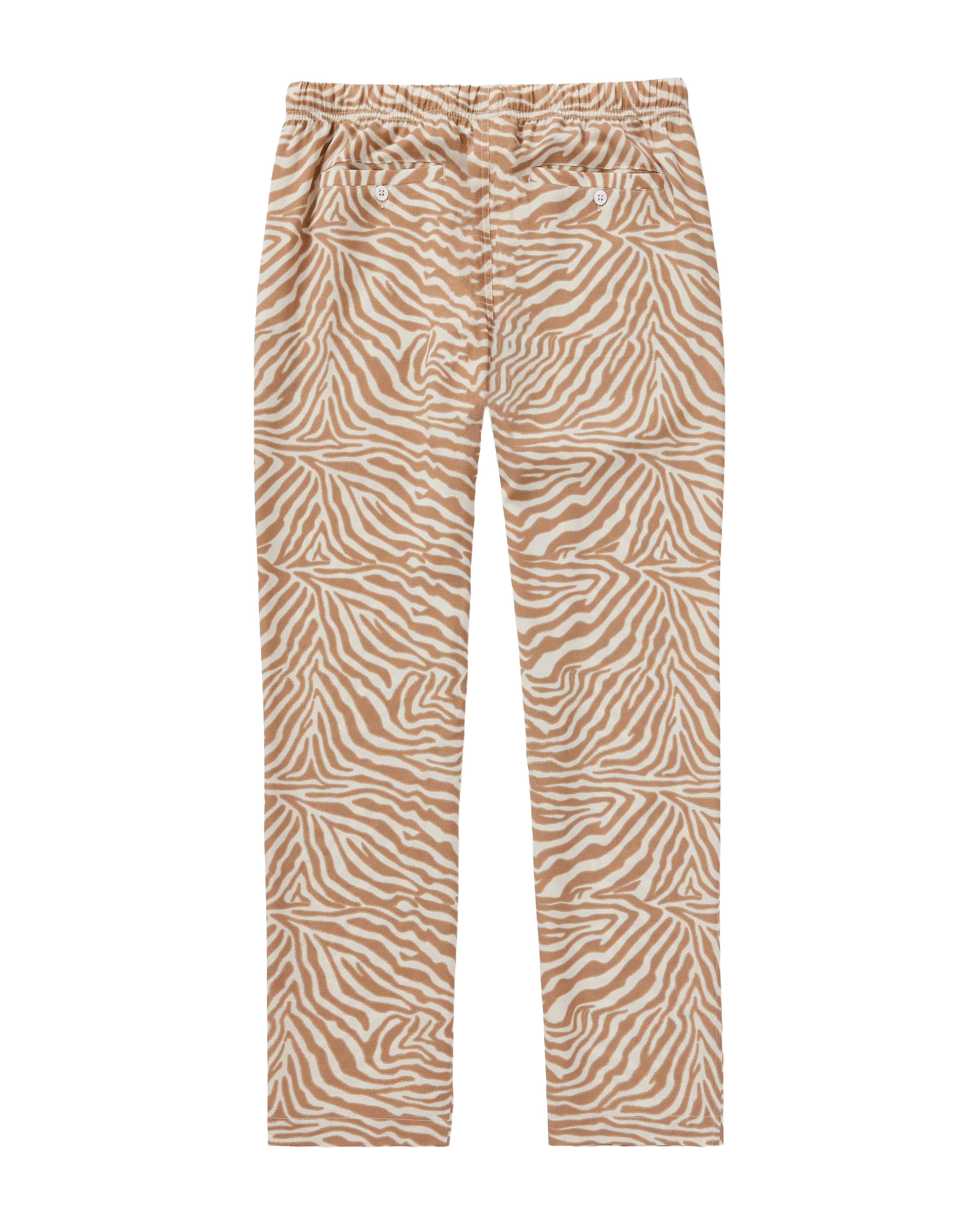The Lucia Pant - Cortado Sawla Print by Dandy Del Mar features a tan and white zebra design in lightweight linen, with an elastic waistband and front button details for casual comfort. Displayed flat on a white background.