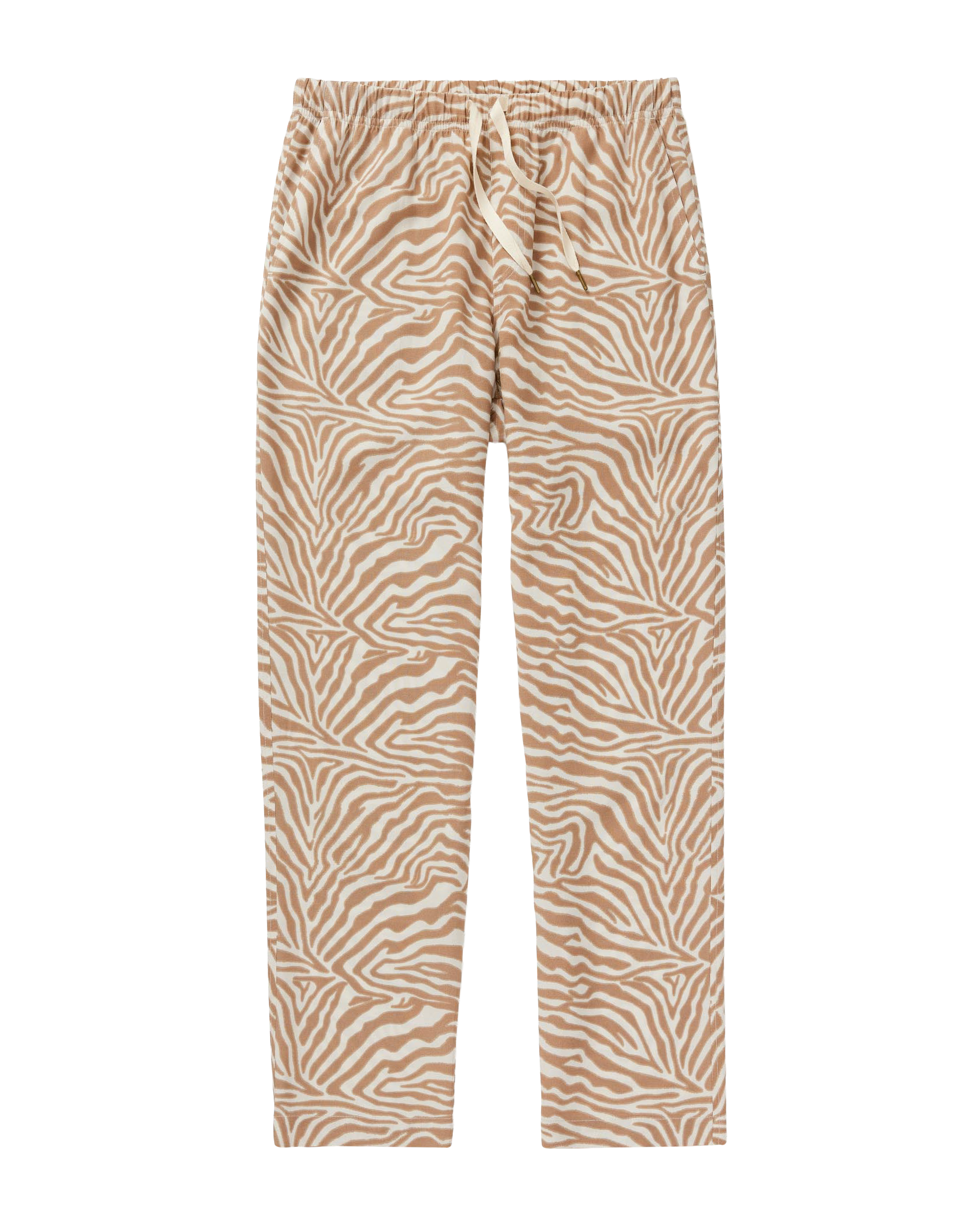 The Lucia Pant - Cortado Sawla Print by Dandy Del Mar features a beige and white zebra pattern, featherweight linen, elastic waistband, and drawstring, offering ultimate casual comfort. Shown laid flat on a white background.