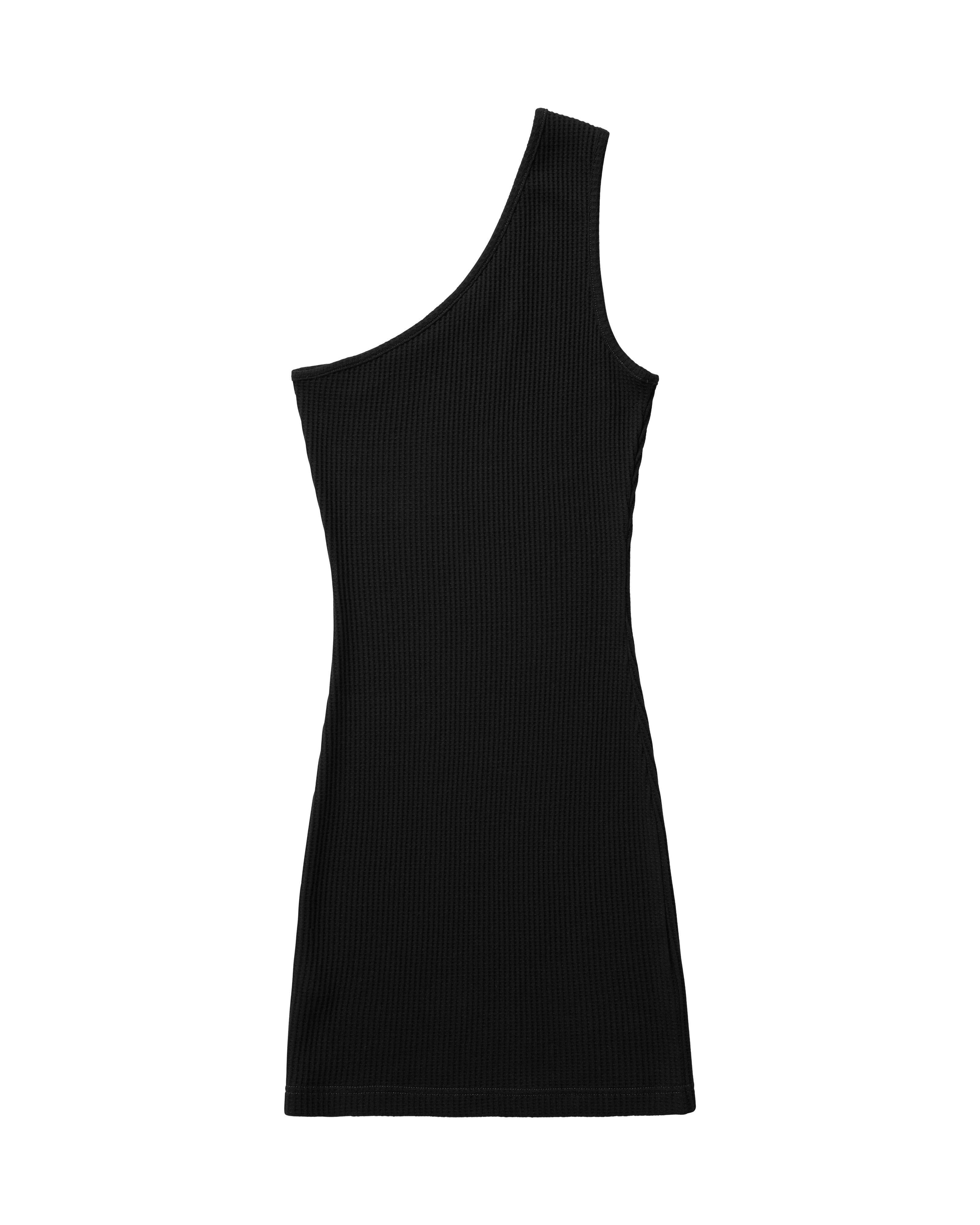 The Marbella Dress - Onyx by Dandy Del Mar is a sleeveless black ribbed waffle knit bodycon mini dress with an asymmetric single shoulder neckline, shown laid flat on a white background.