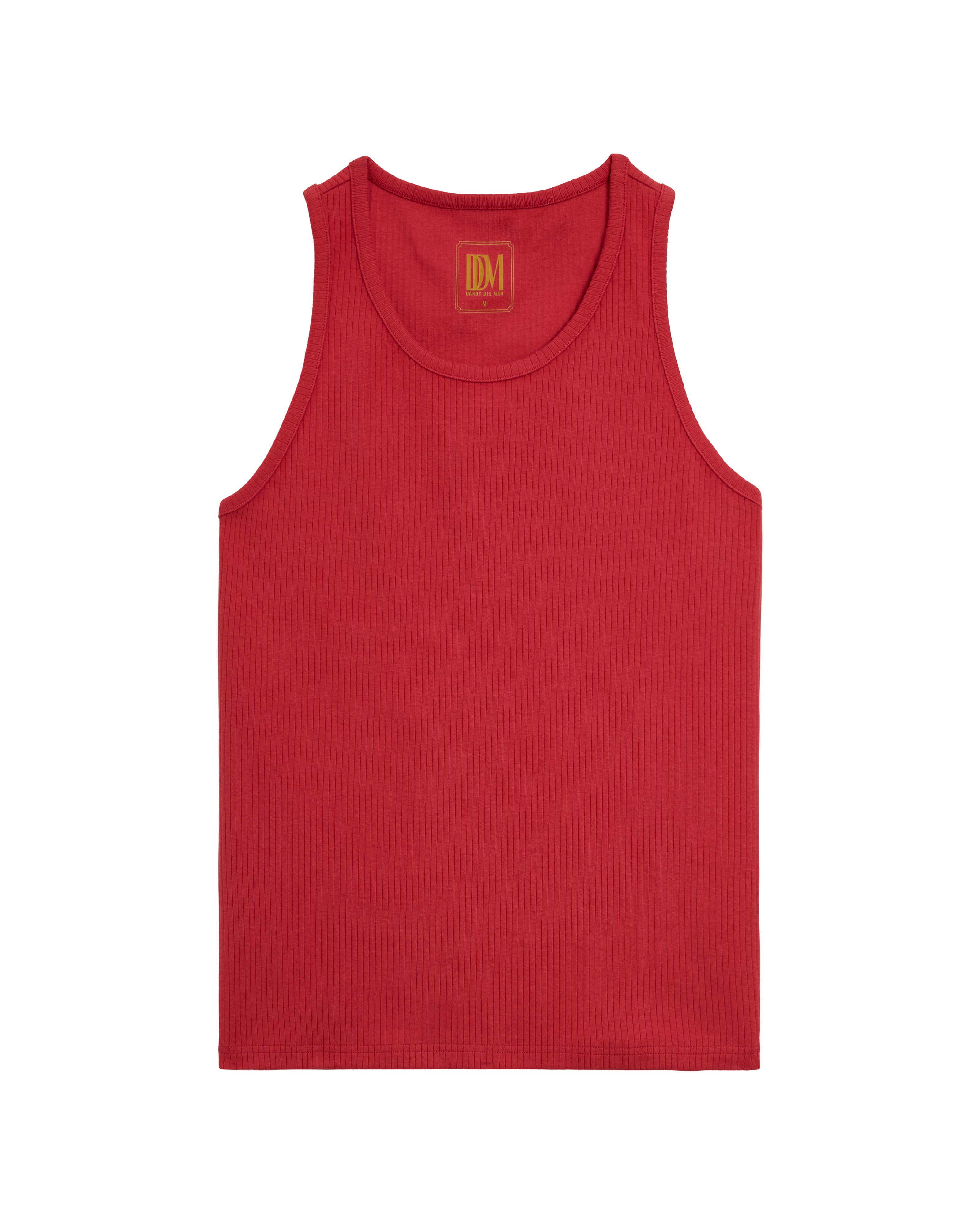 The Milan Rib Tank by Dandy Del Mar is a sleeveless, scoop neck rib knit in currant red with an athletic silhouette, shown against a white background.