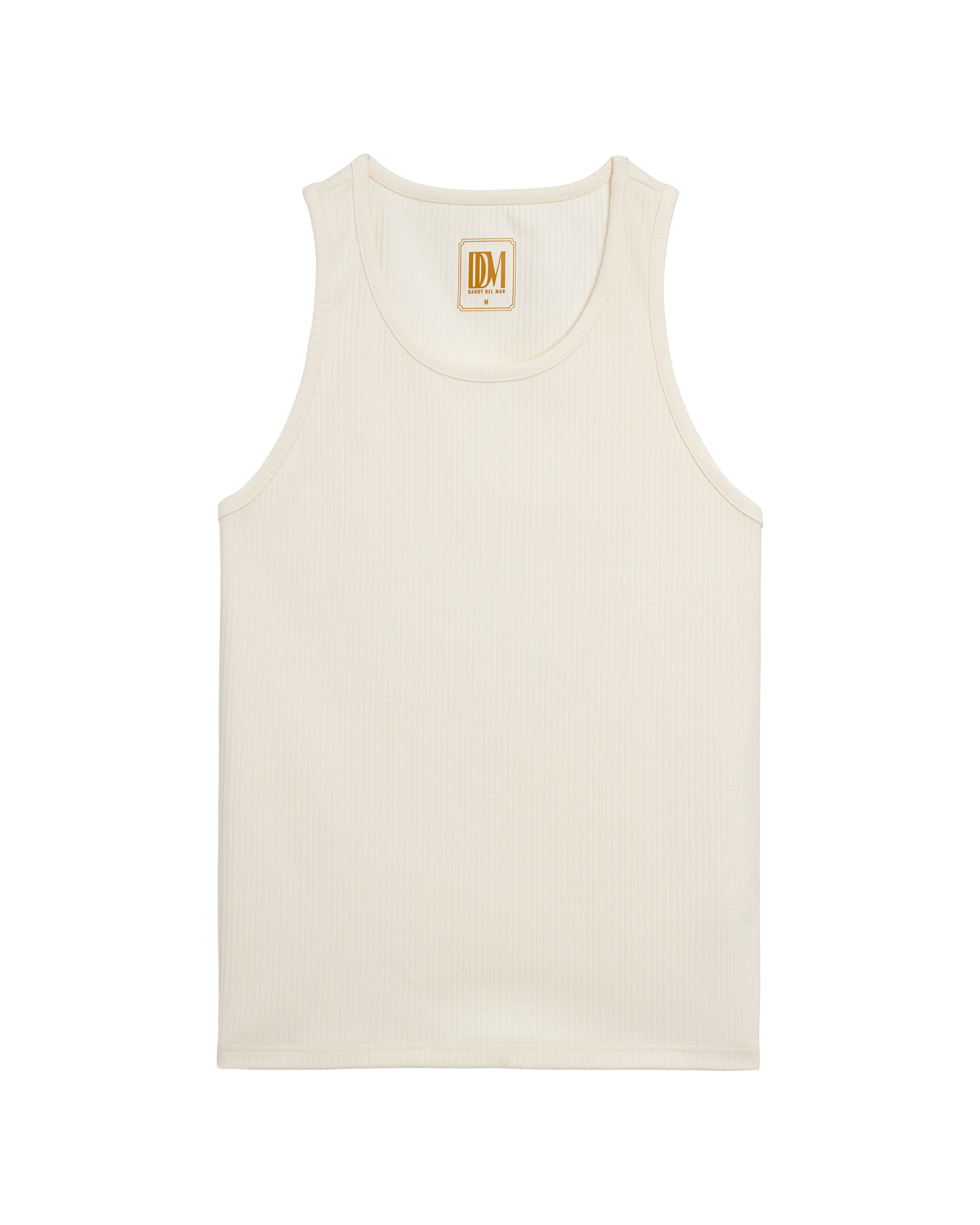 The Milan Rib Tank - Shell by Dandy Del Mar is a sleeveless, ribbed cotton-blend tank top with a scoop neck and an inner tan logo tag, shown laid flat on a white background.