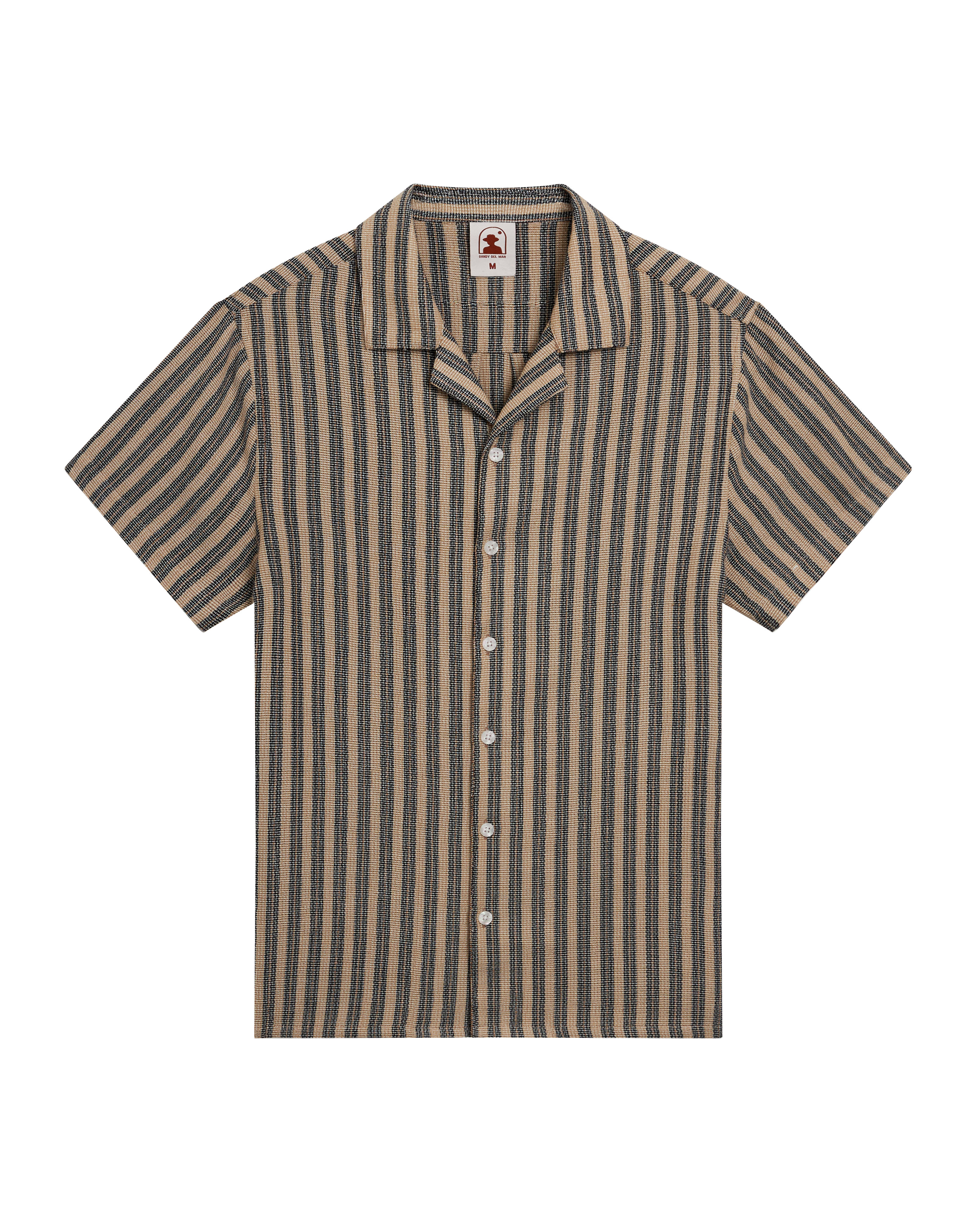 The Palma Shirt - Cacao Stripe by Dandy Del Mar is a relaxed-fit, short-sleeve button-up featuring beige and navy stripes, a notched collar, and white buttons—your go-to for effortless style.