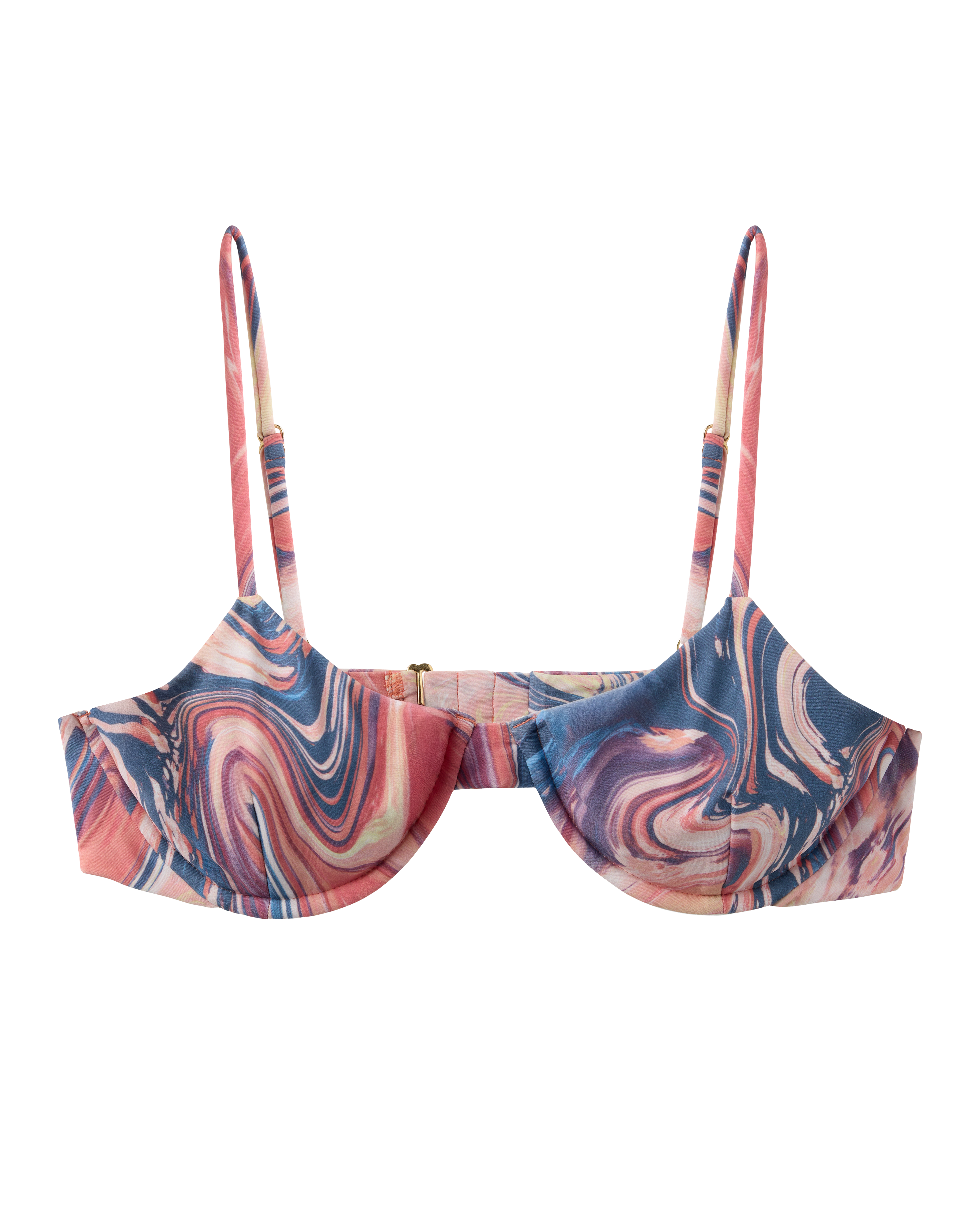 The Avila Top - Lantana by Dandy Del Mar is a women's underwire bra with adjustable straps, made from recycled nylon and showcasing a vibrant marble pattern in pink, blue, and cream.