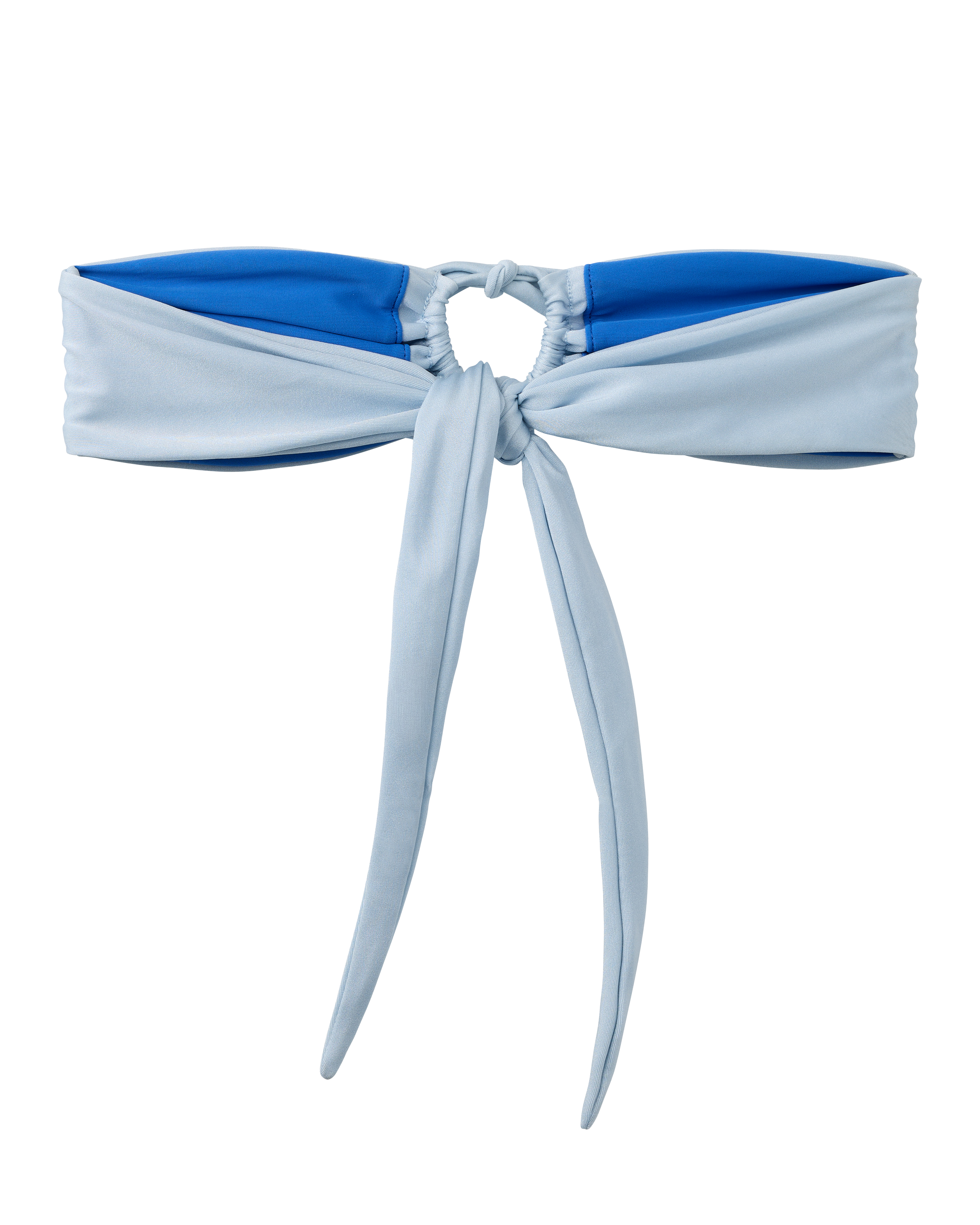 The Biarritz Top - Comet by Dandy Del Mar is a blue and light blue tie-front bandeau bikini top with a circular center ring, cinch detail, and adjustable front ties for a customizable fit.