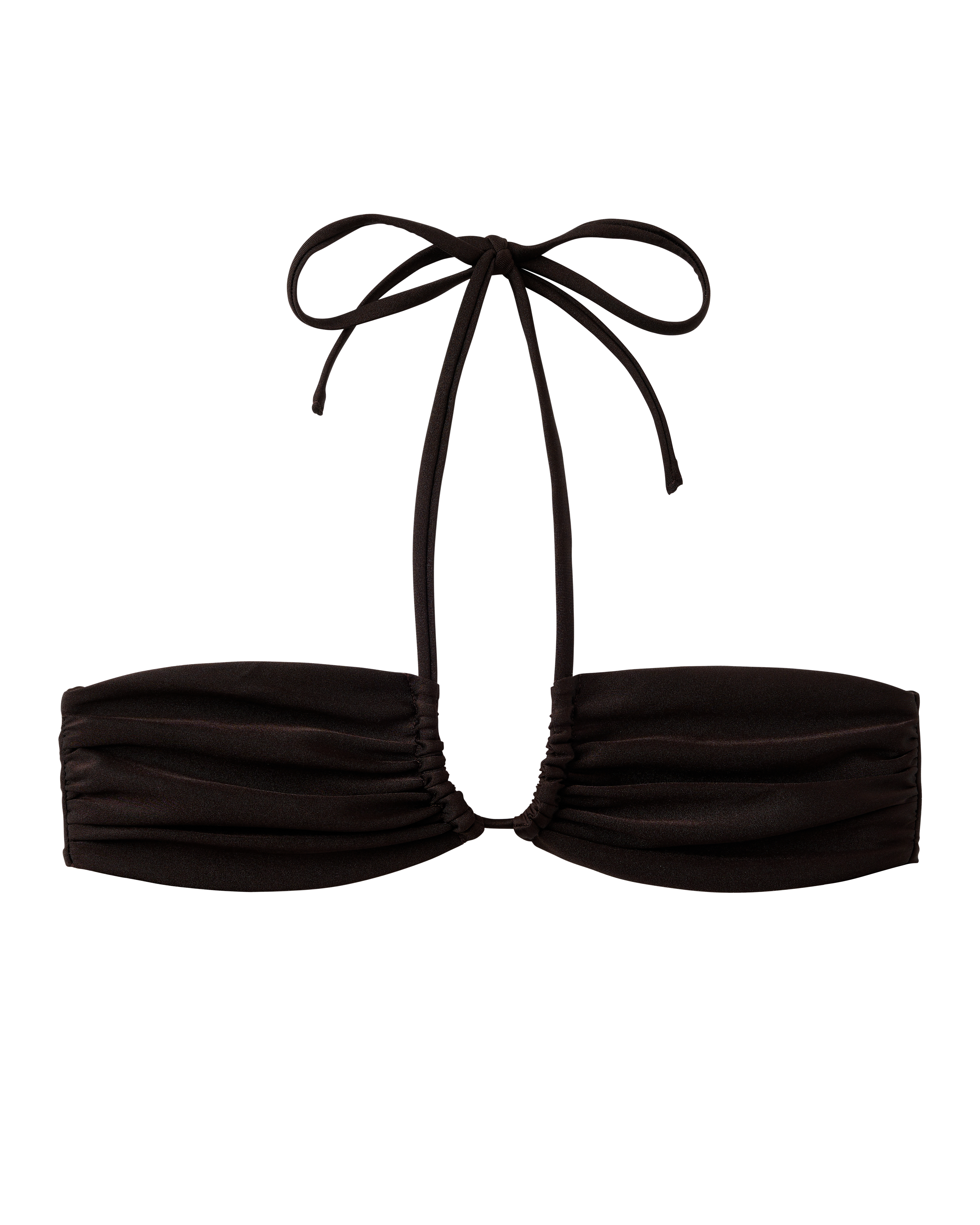 The Biarritz Top - Tierra by Dandy Del Mar is a black bandeau bikini with a tie front, cinch and ruched details, plus a halter neck tie, shown on a plain background.