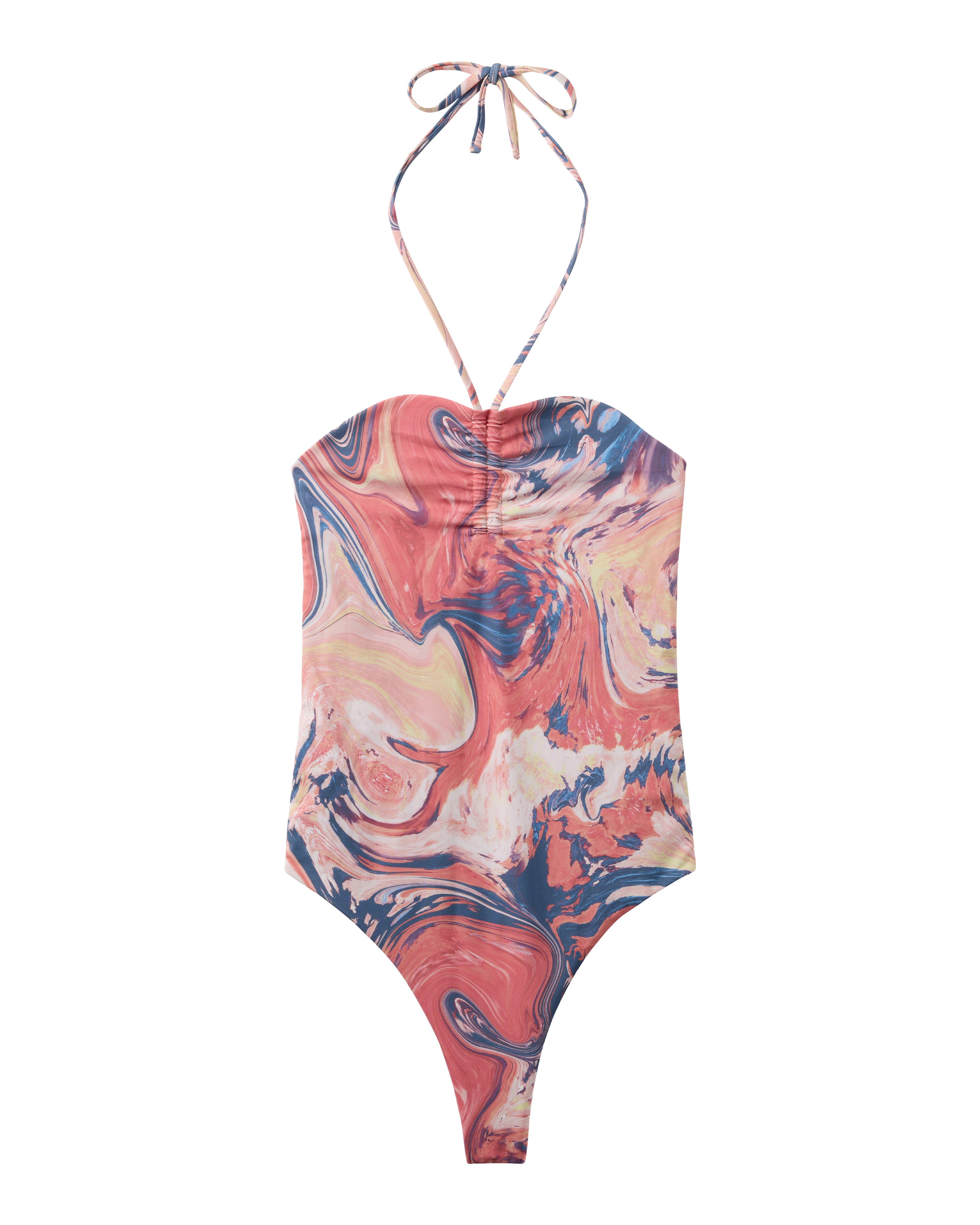 The Elba One Piece - Lantana by Dandy Del Mar features a halter neck and a pink, blue, and beige marble swirl pattern—ideal for leisure escapes. Displayed against a plain white background.