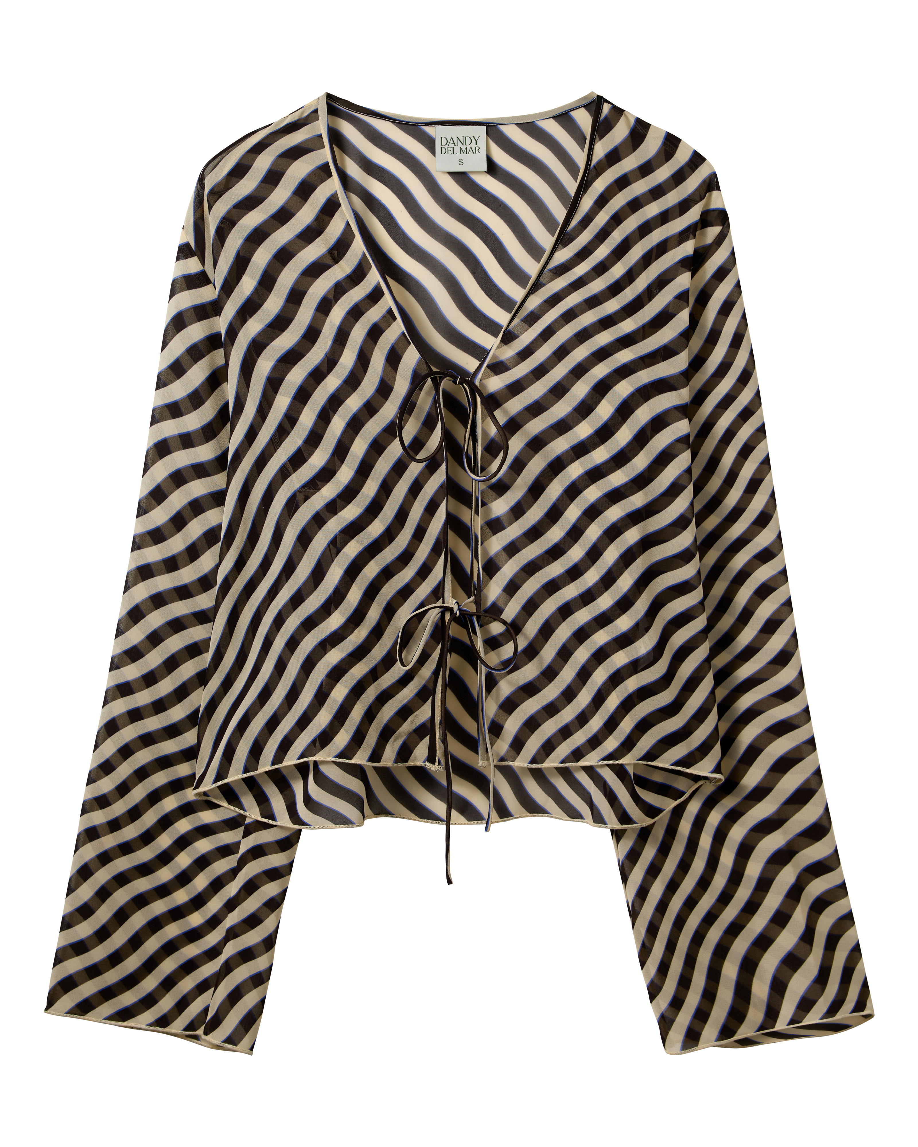The Curacao Top - Tierra by Dandy Del Mar features long sleeves, a wavy black and beige striped chiffon fabric, front tie closures, bell sleeves, and a V-neckline.