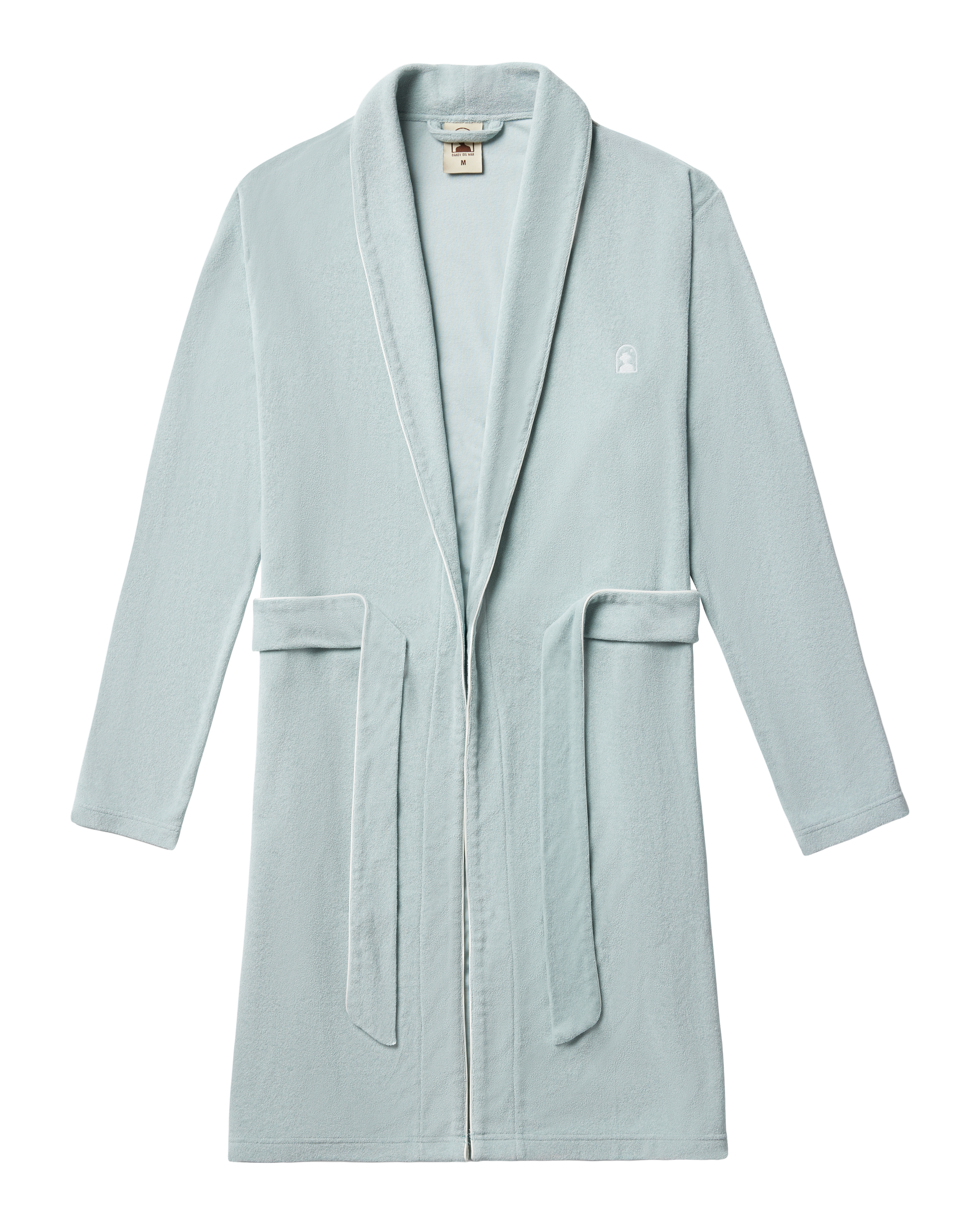 The Tropez Robe - Gulf Blue by Dandy Del Mar, featuring a shawl collar, waist belt, and small embroidered left chest logo, is crafted from ultra-soft terry cloth and displayed flat on a white background.