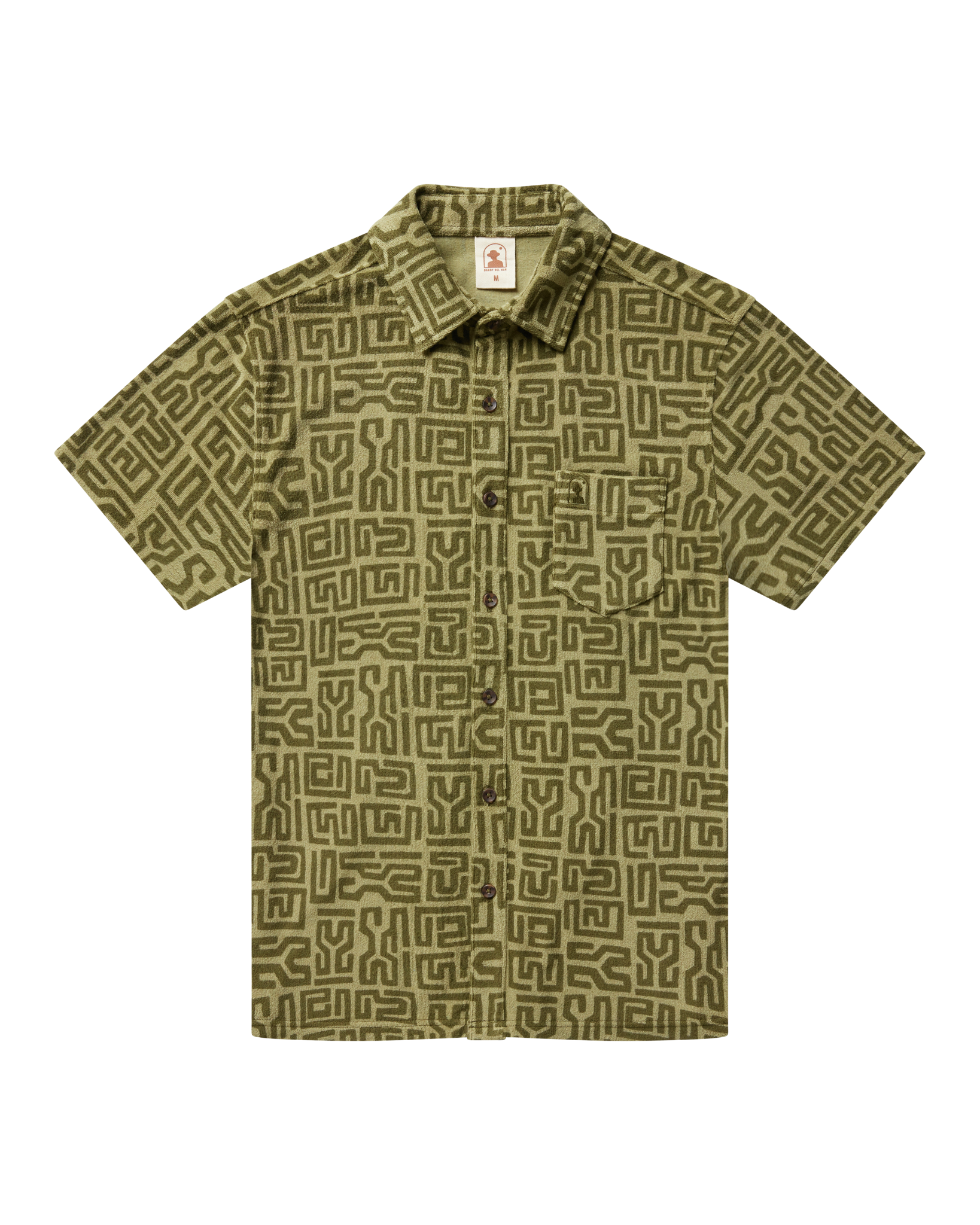 The Tropez Terry Cloth Shirt - Berdea Tayana Print by Dandy Del Mar features short sleeves, a chest pocket, and a collar in an olive and dark green geometric pattern—ideal for relaxed Côte d'Azur style.