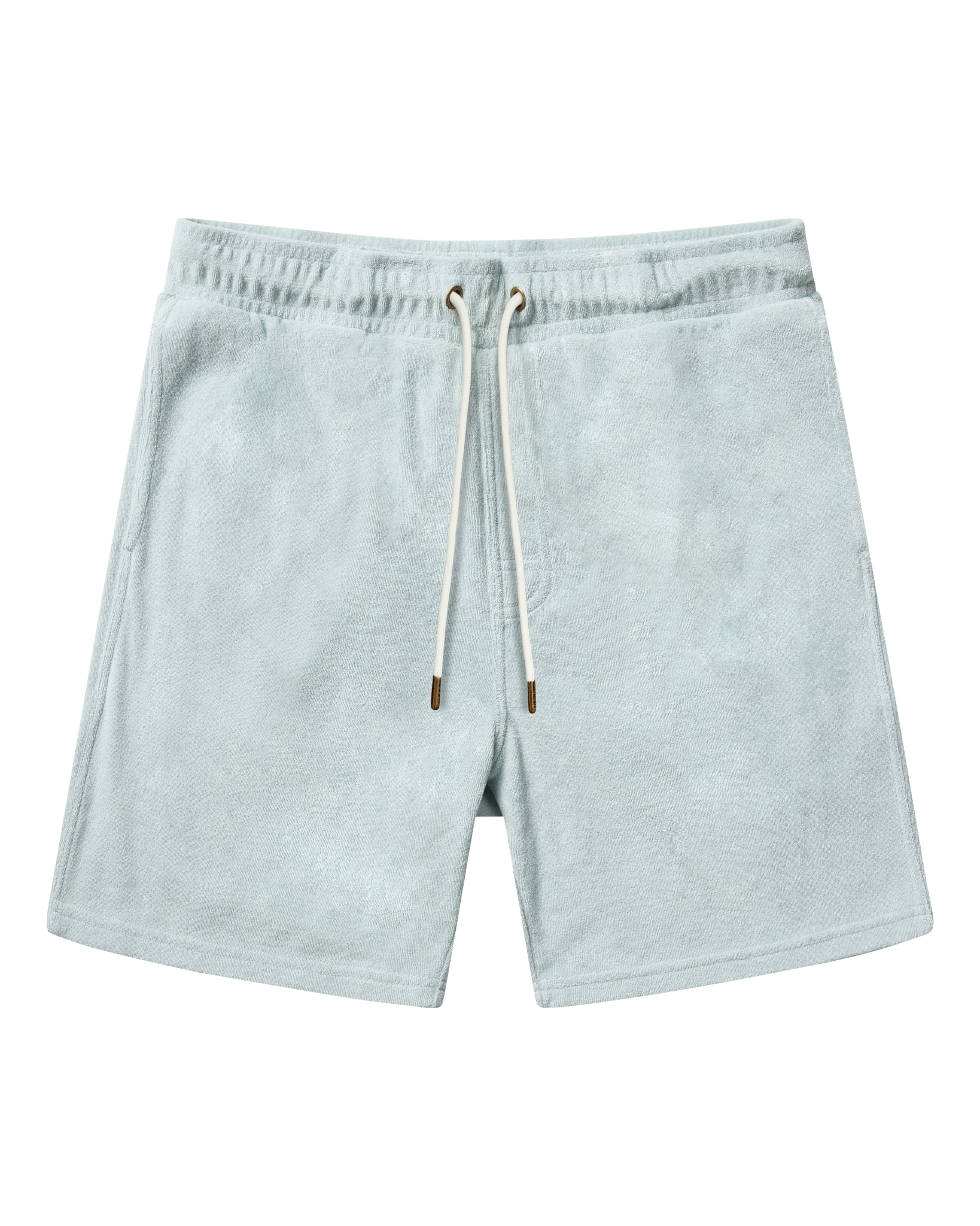 The Tropez Terry Cloth Shorts in Gulf Blue by Dandy Del Mar, crafted from soft terry cloth with an elastic waistband, white drawstring, and side pockets, are shown laid flat on a white background.