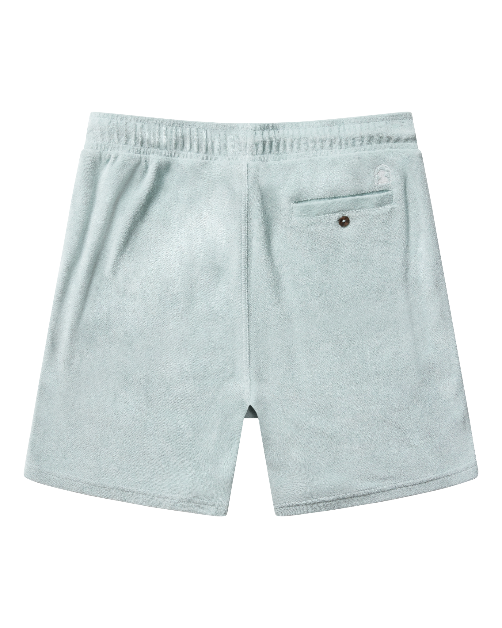 The Tropez Terry Cloth Shorts in Gulf Blue by Dandy Del Mar feature soft terry fabric, an elastic waistband, and a single buttoned back pocket.