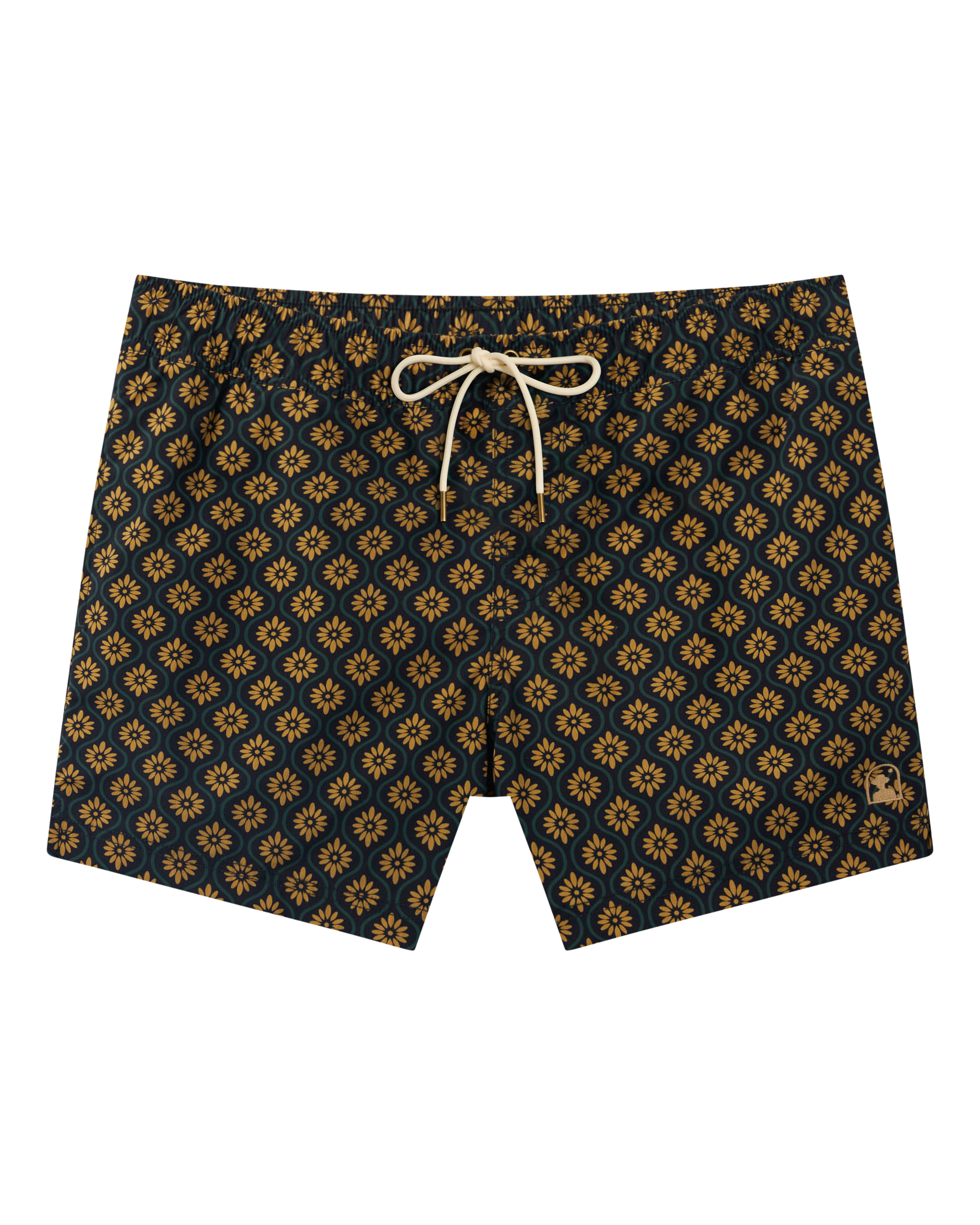 The Dandy Del Mar Ventura Volley Short in Oro Gardenia Print features a yellow floral geometric pattern, elastic waist, white drawstring, and micro mesh liner, shown flat on a black background.