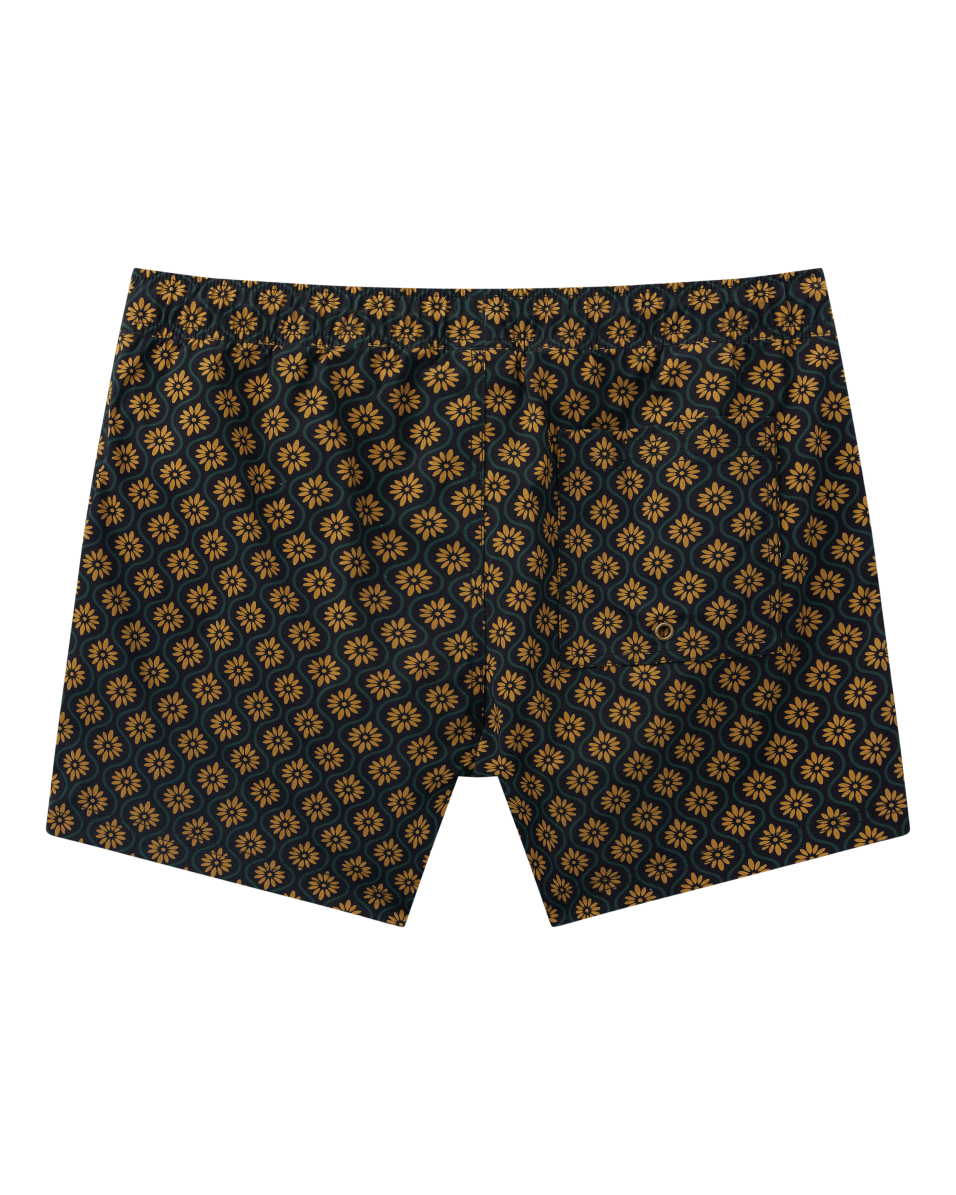 The Ventura Volley Short in Oro Gardenia Print by Dandy Del Mar features an orange geometric floral pattern and an elastic waist, shown flat on a white background.