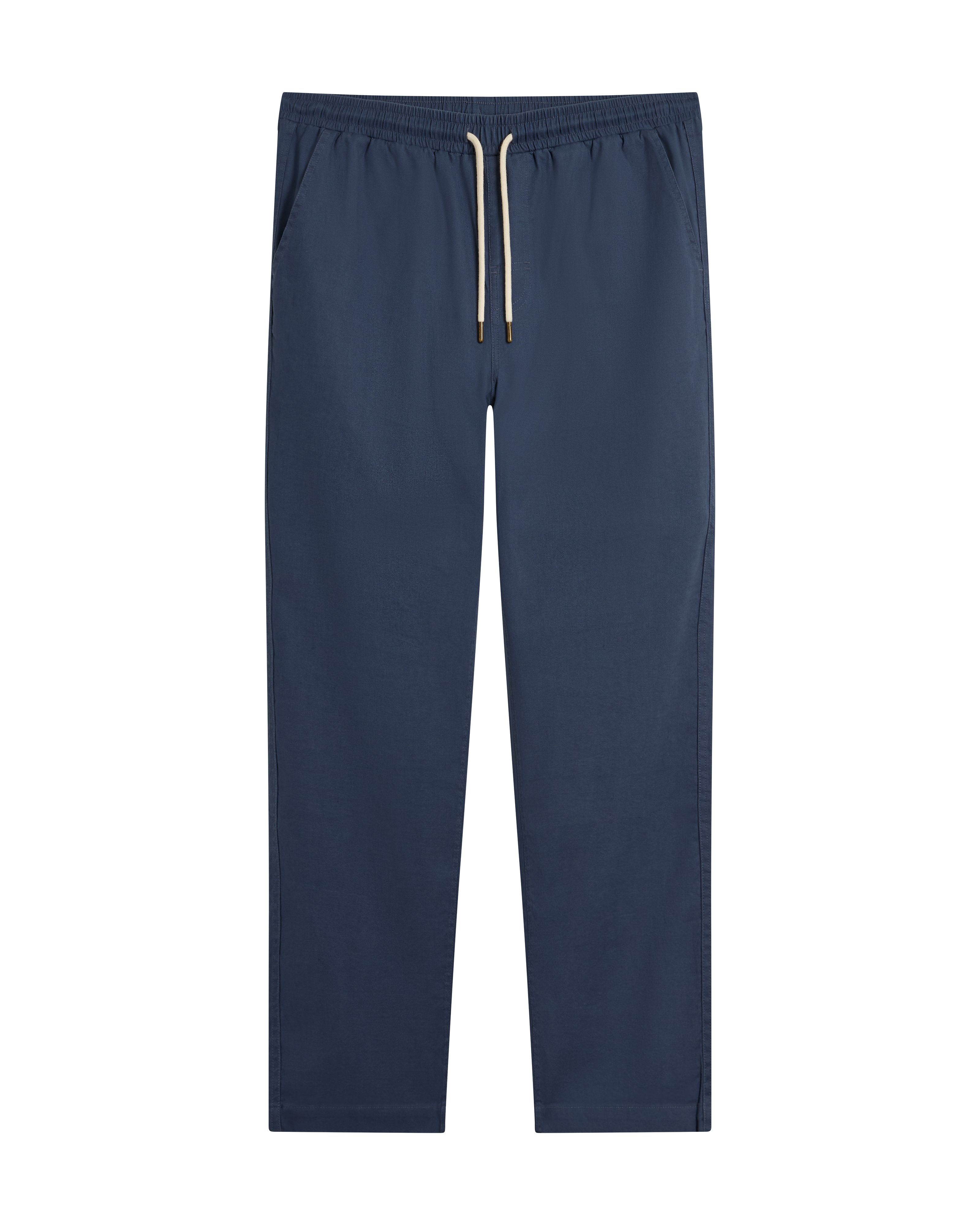The Brisa Linen Pant - Moontide by Dandy Del Mar features a navy blue hue, elastic waist, and side pockets. Shown flat on white, these pants offer relaxed style and comfort—ideal for your next vacation.